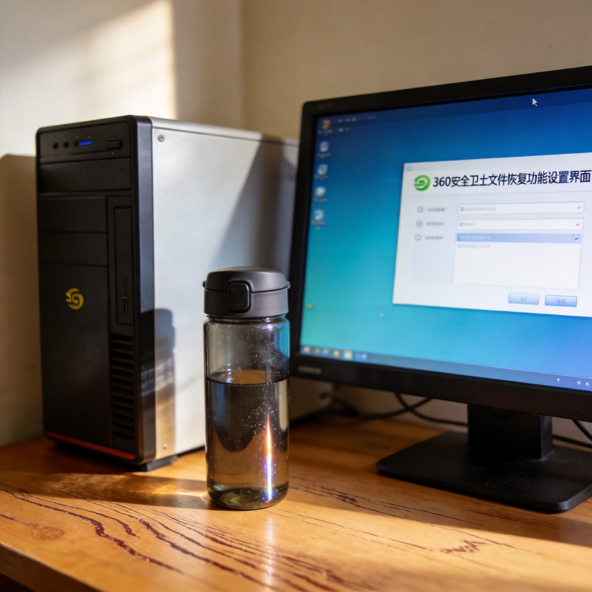 书桌上的主机，屏幕显示360 安全卫士文件恢复功能设置界面，桌角放着水杯，自然光