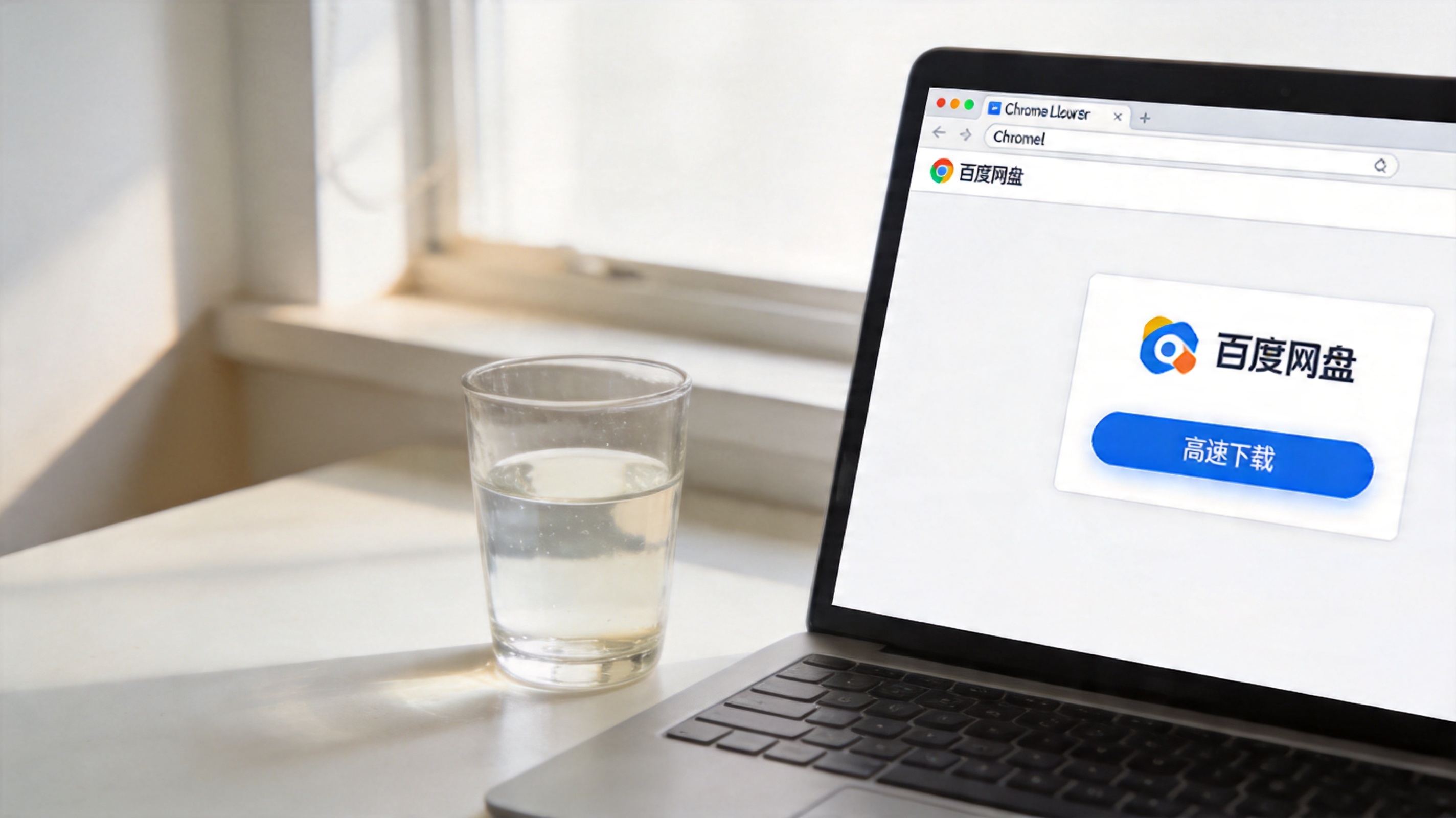 电脑桌面，屏幕显示Chrome浏览器打开的百度网盘页面，页面上有“高速下载”按钮，旁边放着半杯温水，室内自然光