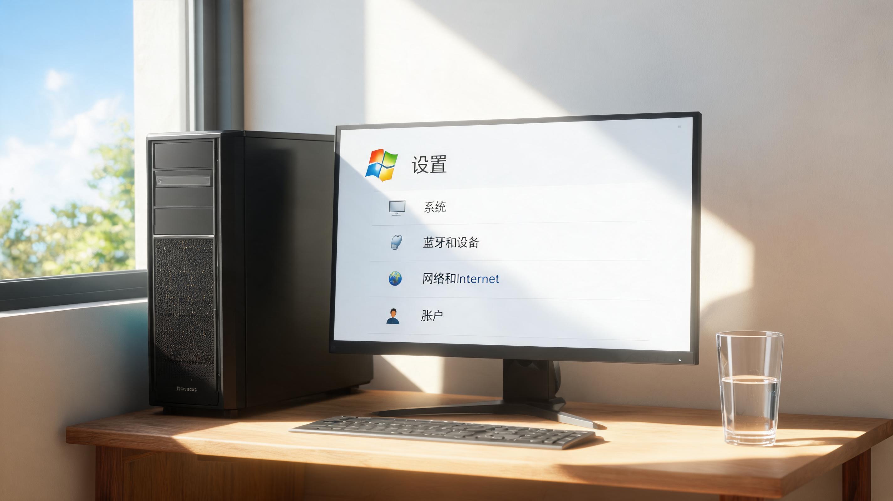 书桌上的主机，屏幕显示Windows设置界面，桌角放着水杯，自然光