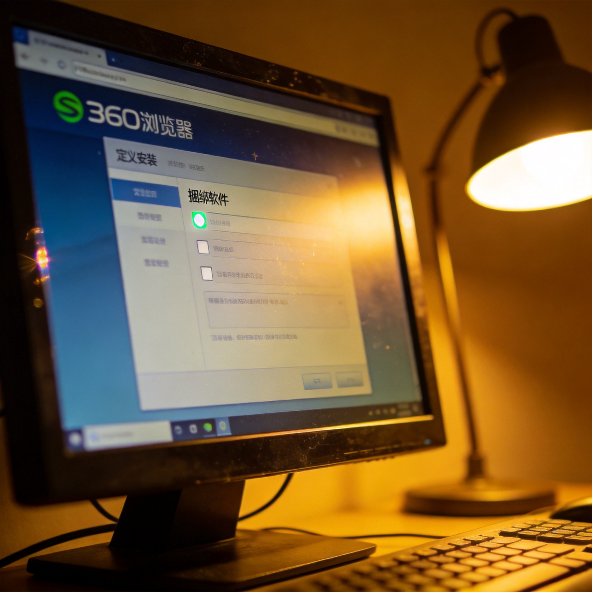 电脑屏幕显示360浏览器安装界面，自定义安装选项里的捆绑软件勾选框已取消，旁边有打开的台灯暖光