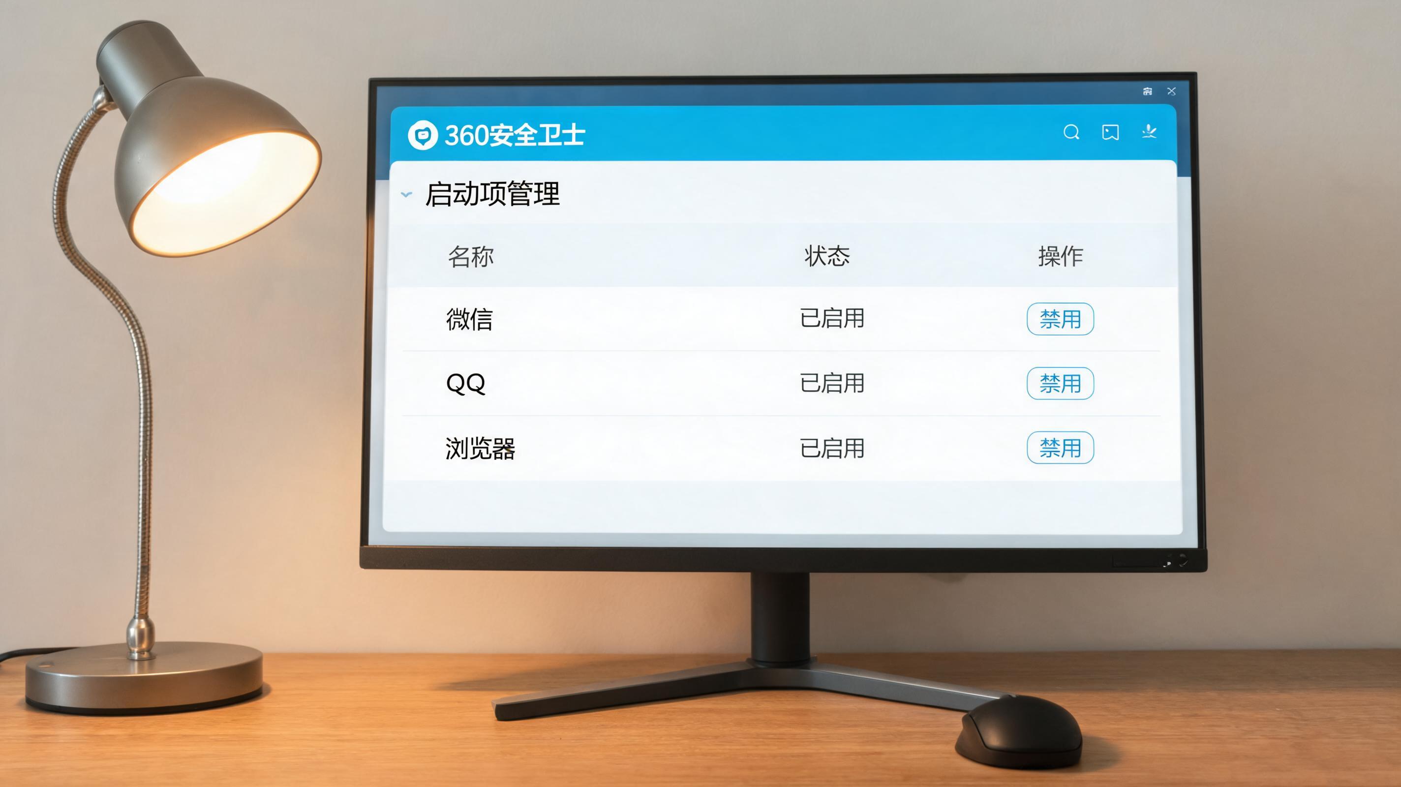 电脑桌上的电脑，屏幕显示360 卫士启动项管理界面，旁边放着台灯