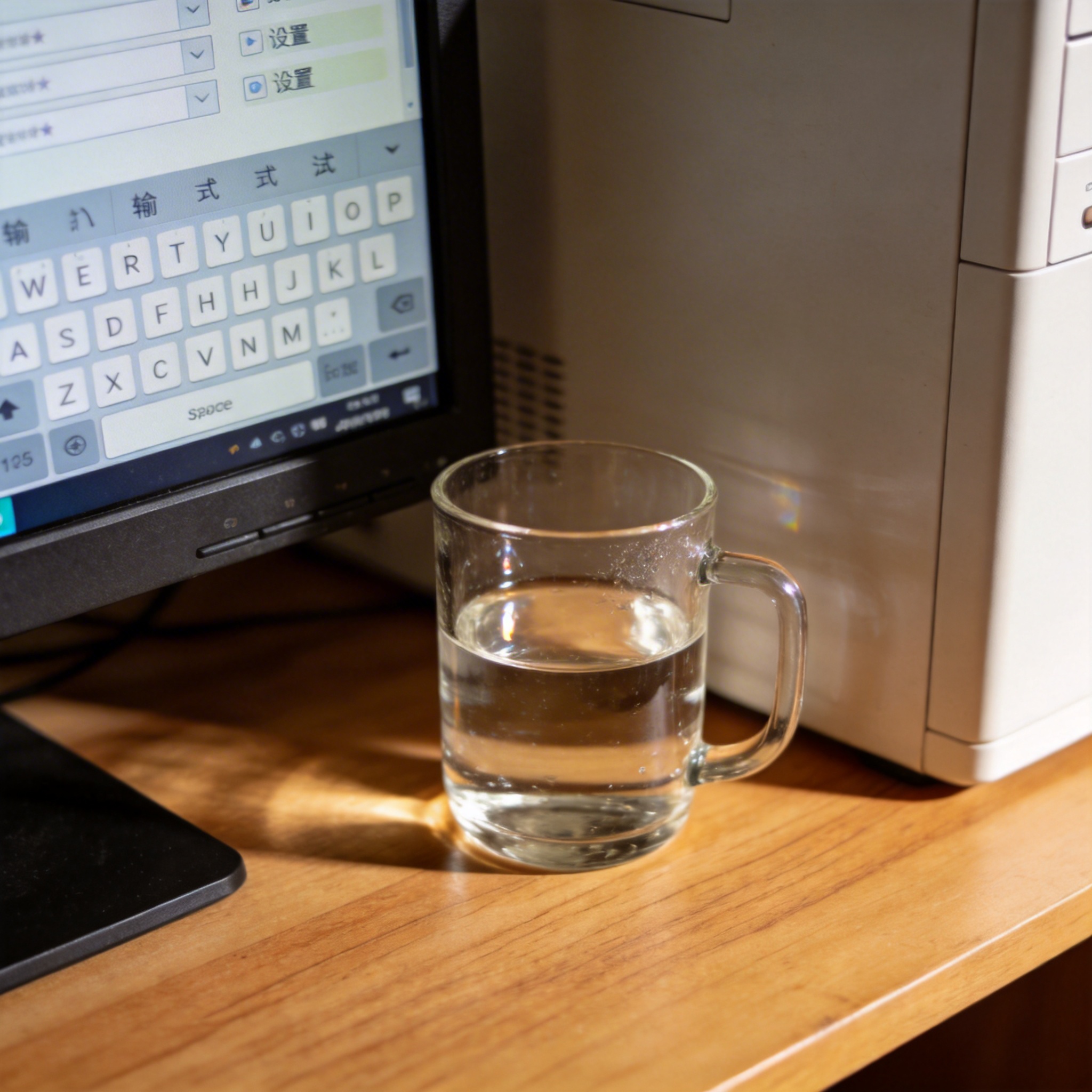 书桌上的主机，屏幕显示输入法设置界面，桌角放着水杯，自然光
