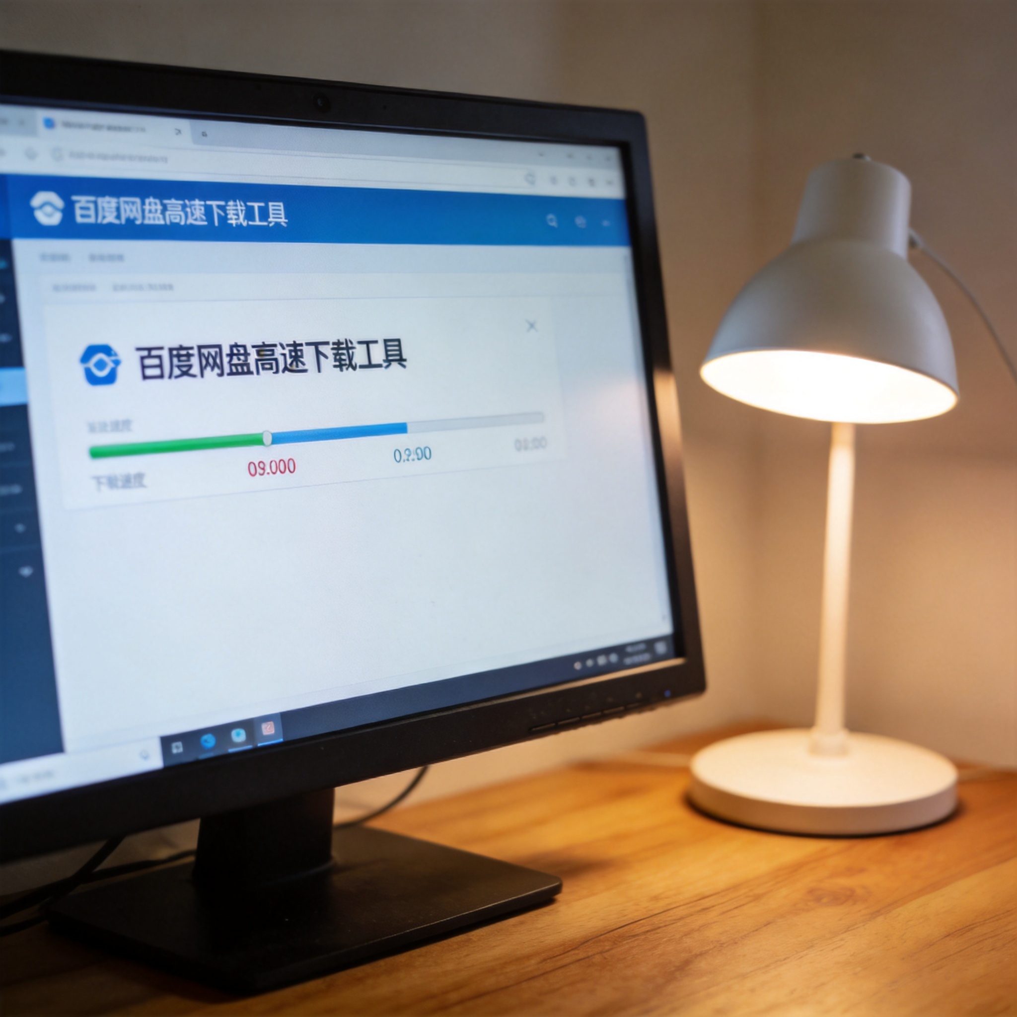 电脑桌上的电脑，屏幕显示百度网盘高速下载工具界面，旁边放着台灯