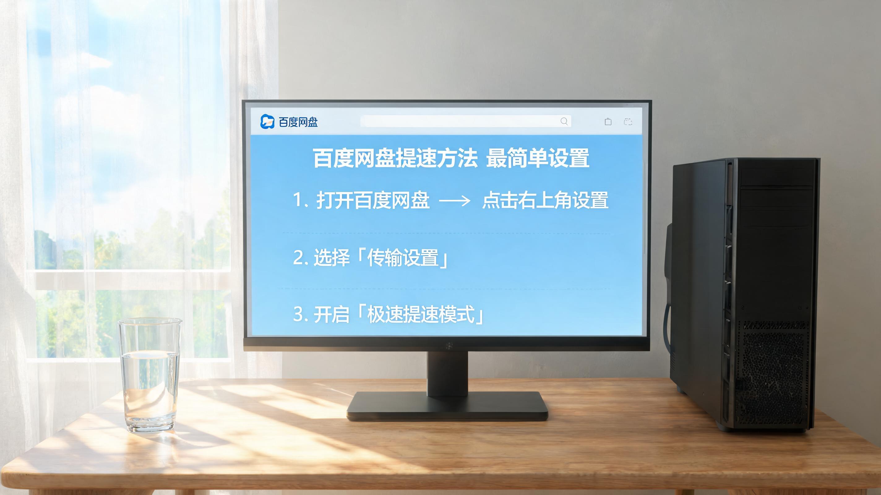 书桌上的主机，屏幕显示百度网盘提速方法最简单设置界面，桌角放着水杯，自然光