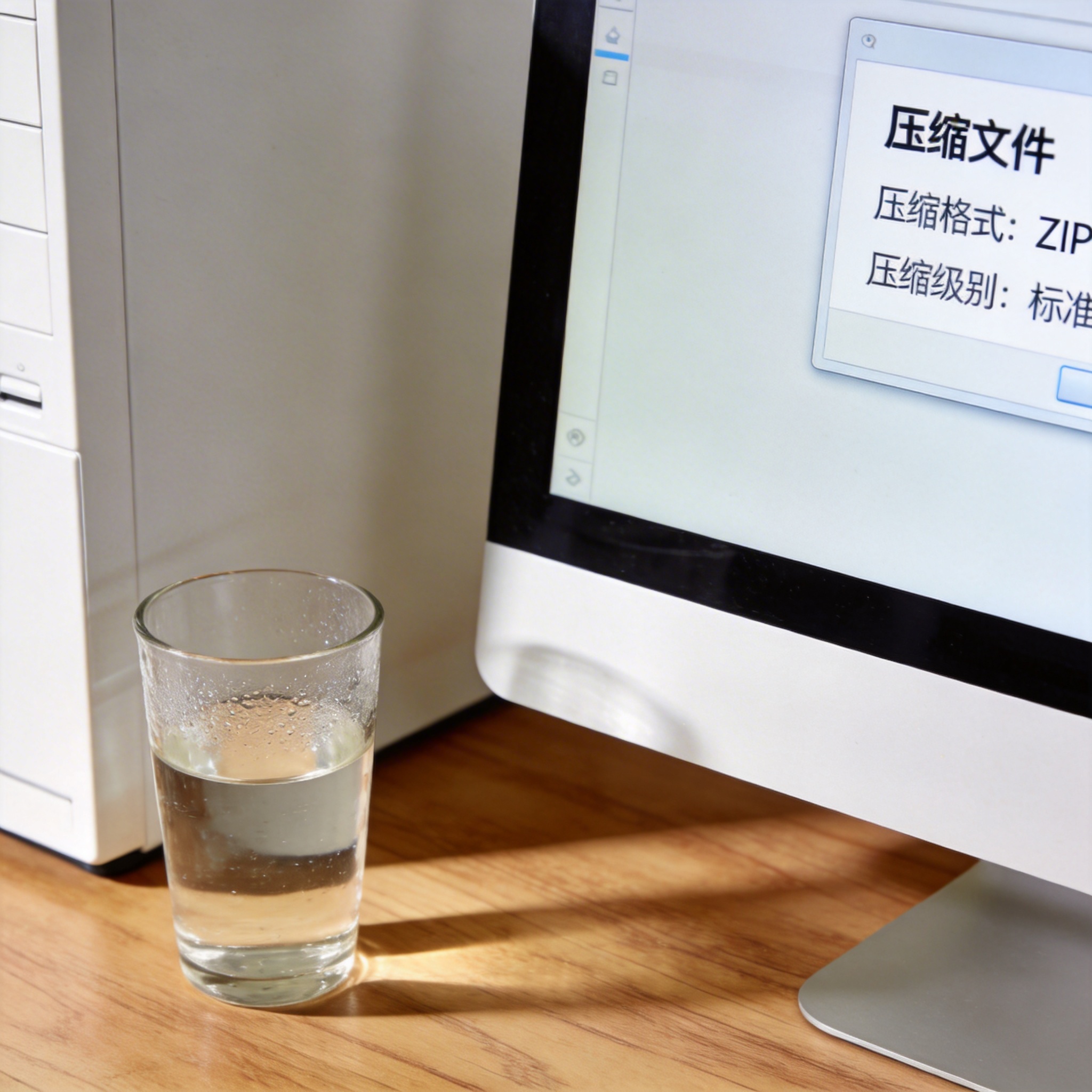 书桌上的主机，屏幕显示文件压缩设置界面，桌角放着水杯，自然光