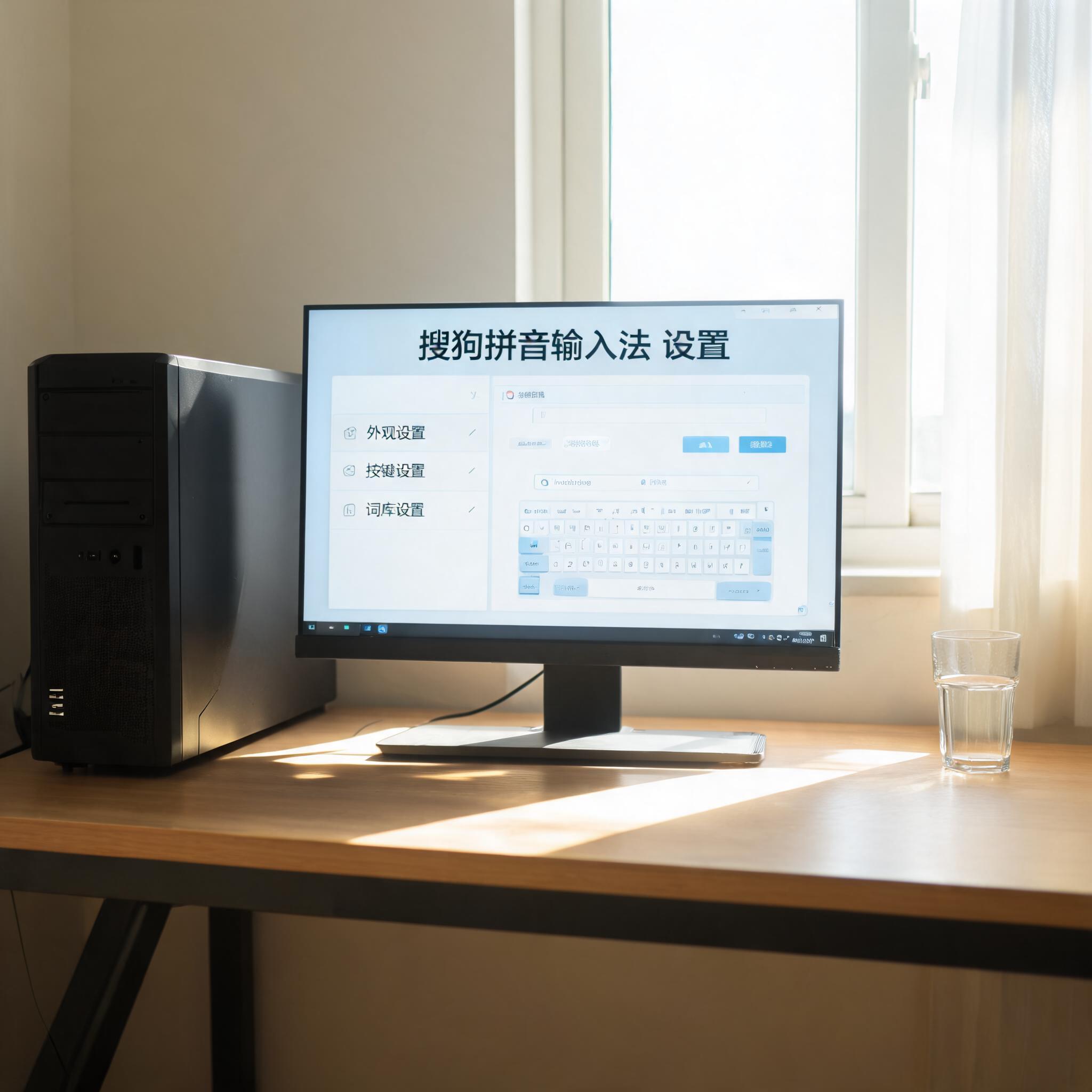 书桌上的主机，屏幕显示搜狗拼音输入法设置界面，桌角放着水杯，自然光