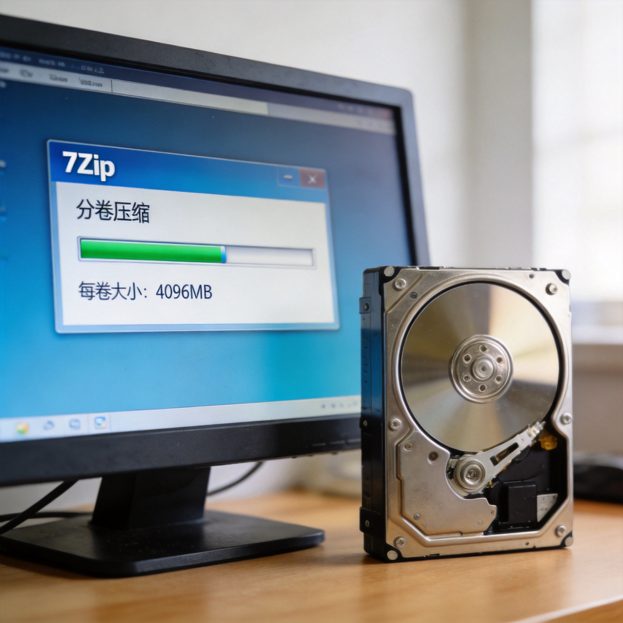 电脑桌的电脑屏幕显示7Zip软件界面，正在进行分卷压缩，每卷设置为4G，旁边放着硬盘，室内自然光