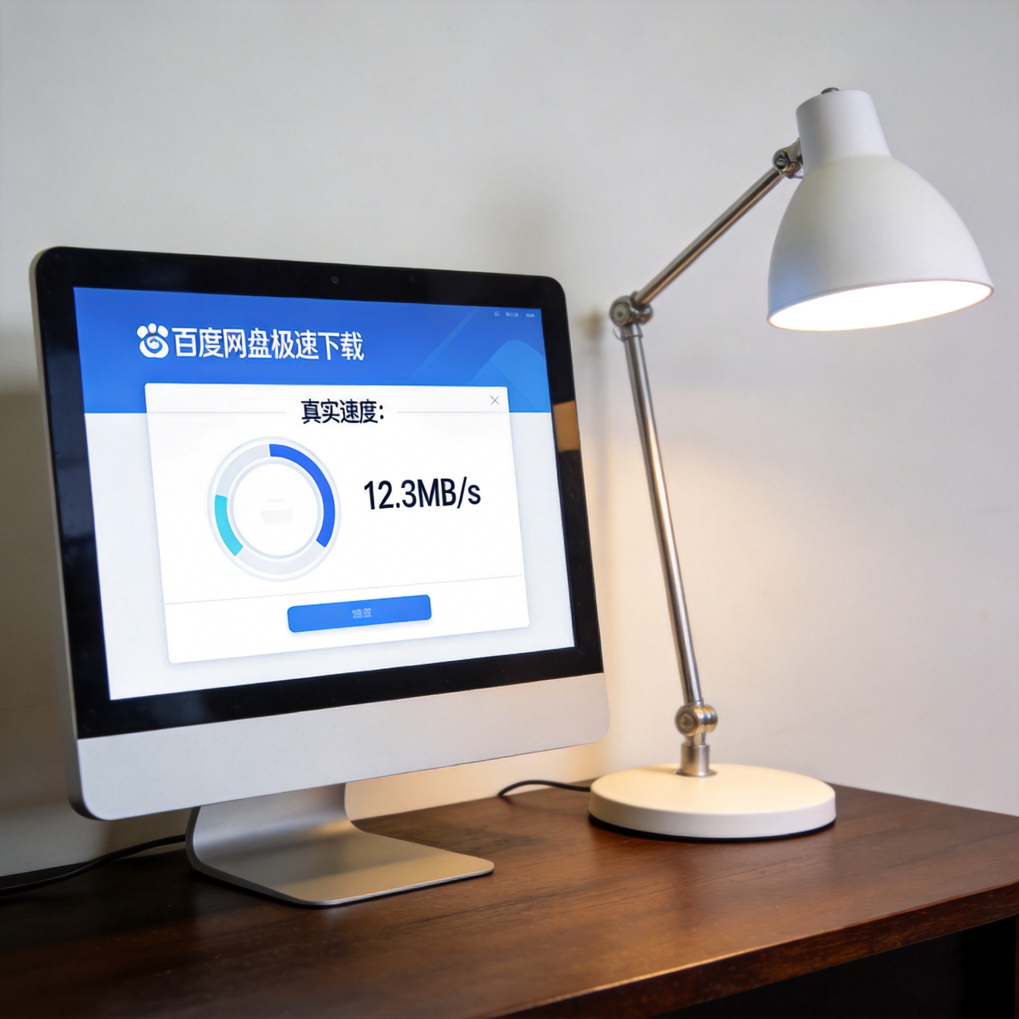 电脑桌上的电脑，屏幕显示百度网盘极速下载真实速度界面，旁边放着台灯