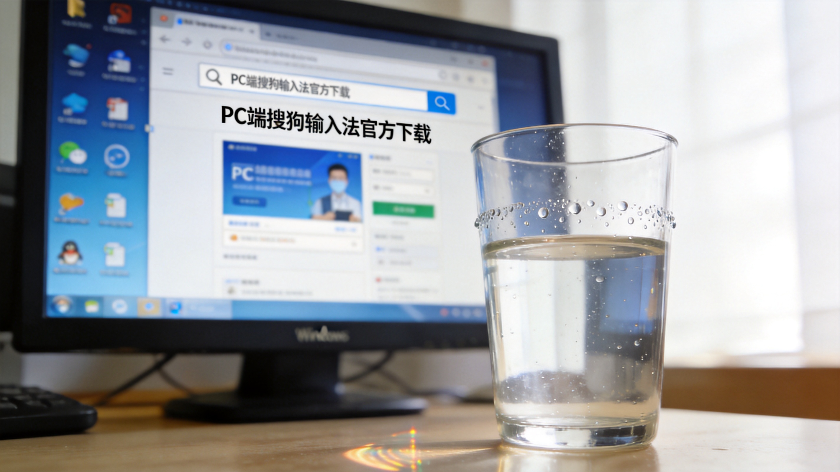 电脑桌前的Windows系统电脑，屏幕显示浏览器搜索“PC端搜狗输入法官方下载”页面，旁边放着半杯凉白开，室内自然光