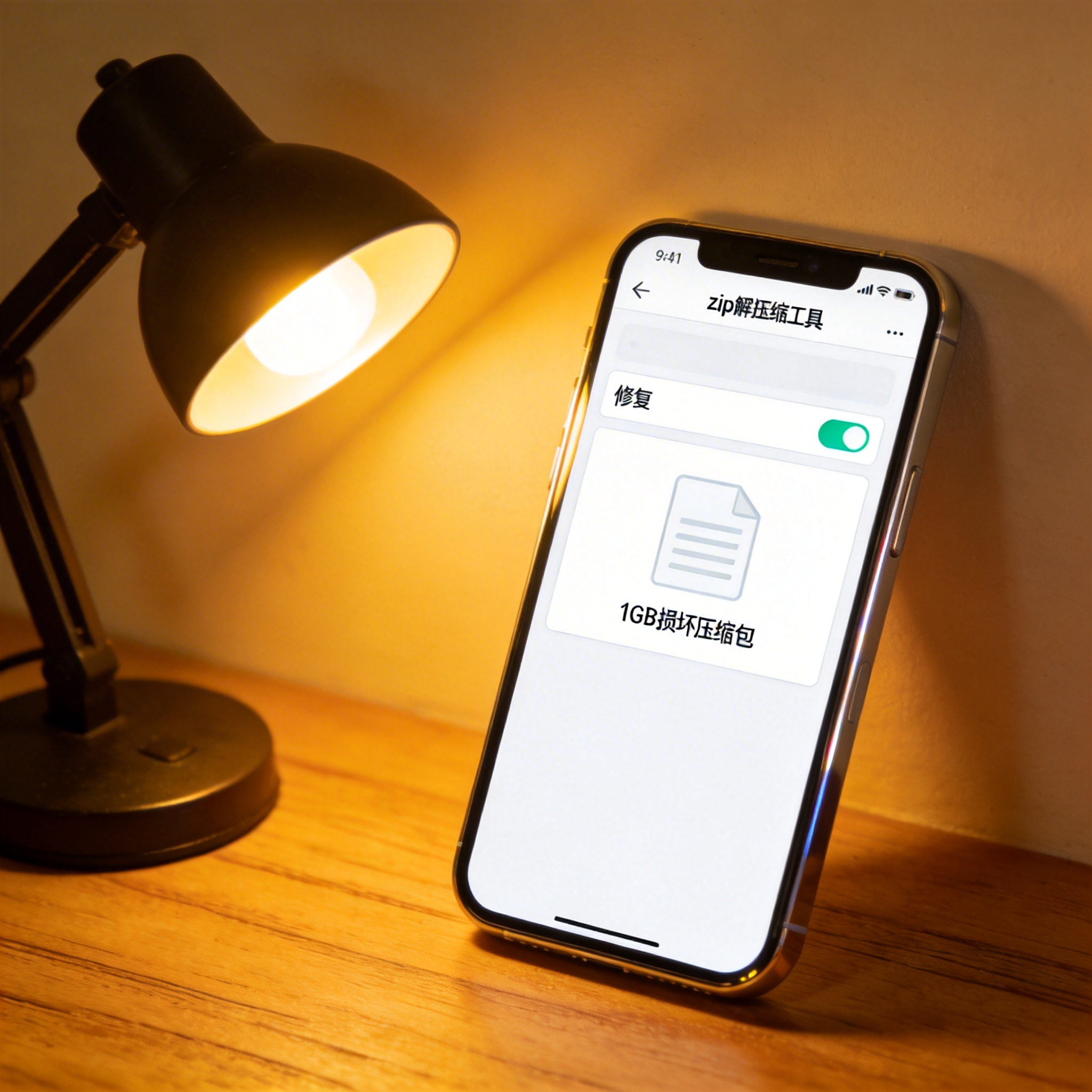 桌面的安卓手机，屏幕显示zip解压缩工具的修复功能界面，下方标注1GB损坏压缩包，台灯暖光