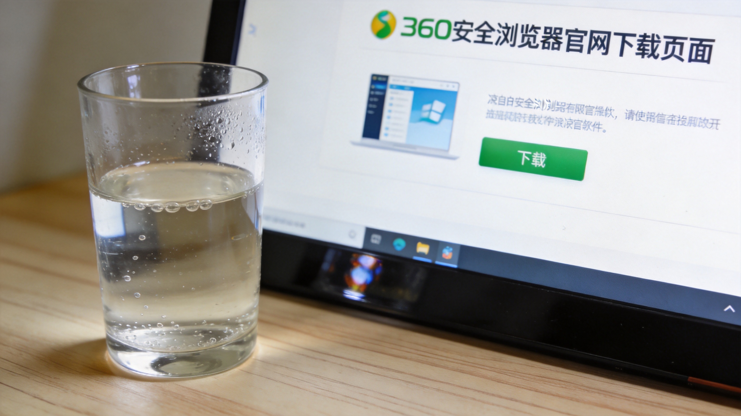 电脑桌面，屏幕显示360安全浏览器官网下载页面，旁边放着半杯凉白开，室内自然光