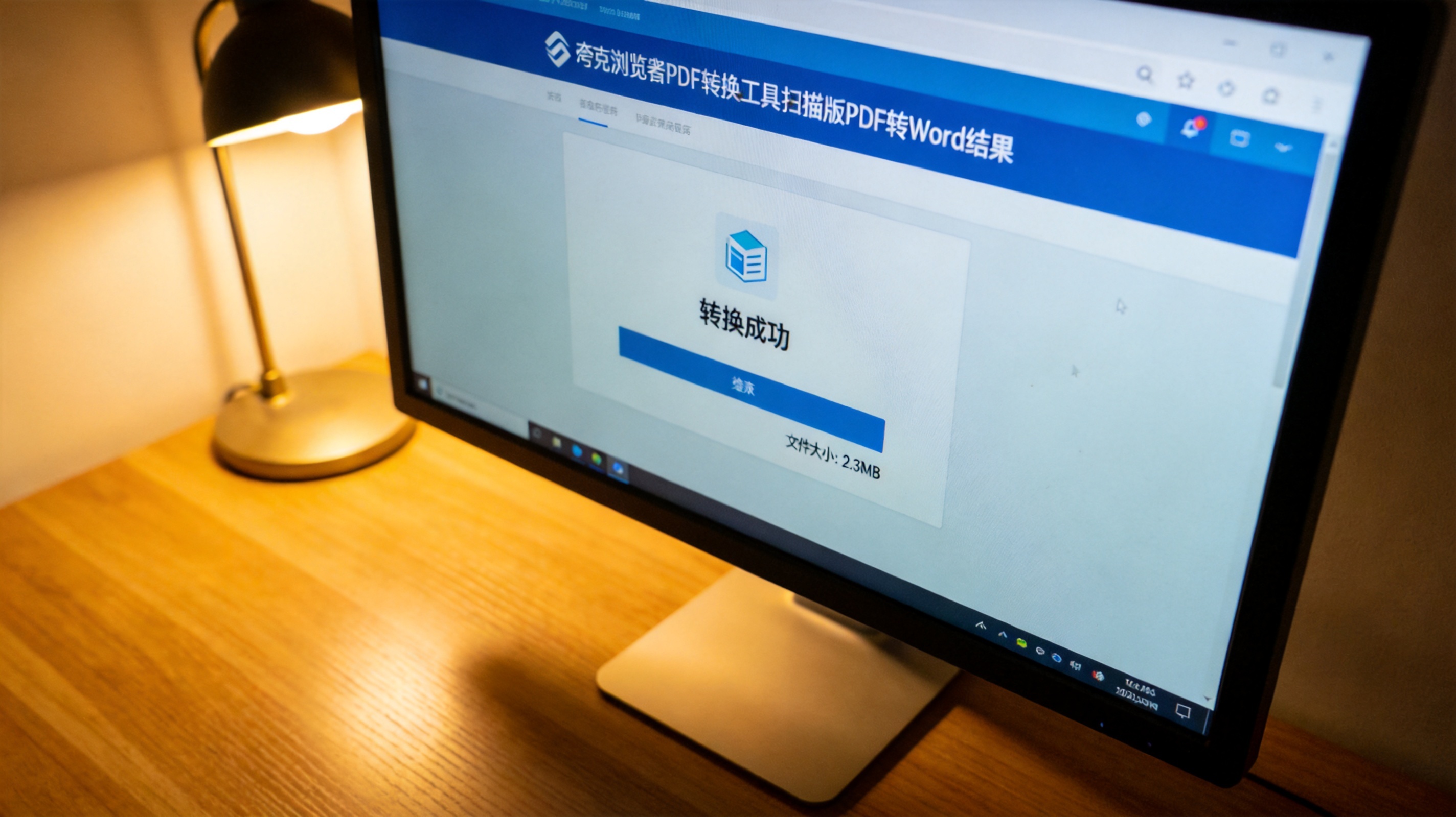 电脑屏幕显示夸克浏览器PDF转换工具的扫描版PDF转Word结果页面，下方标注文件大小提示，桌面角落有台灯暖光