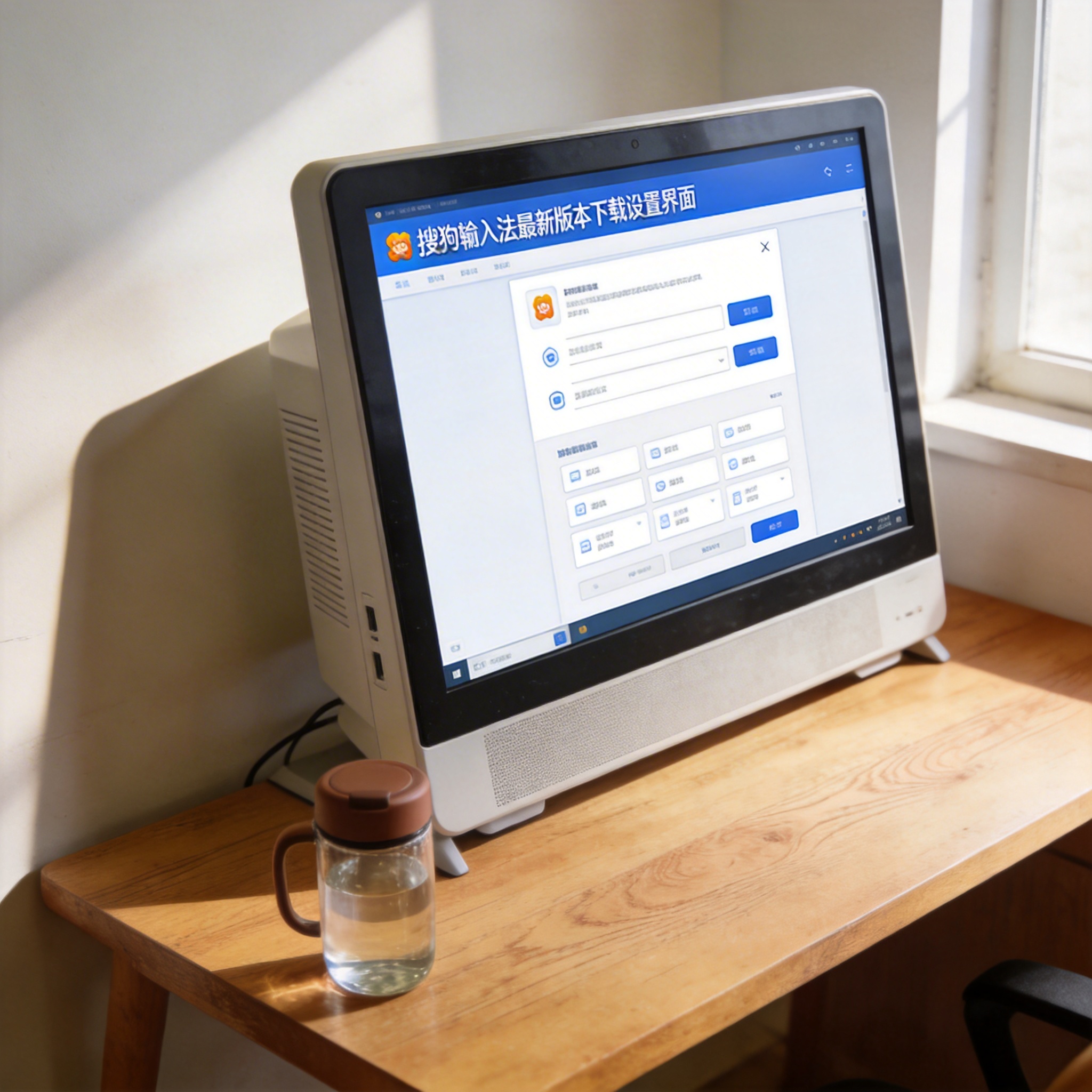 书桌上的主机，屏幕显示搜狗输入法最新版本下载设置界面，桌角放着水杯，自然光