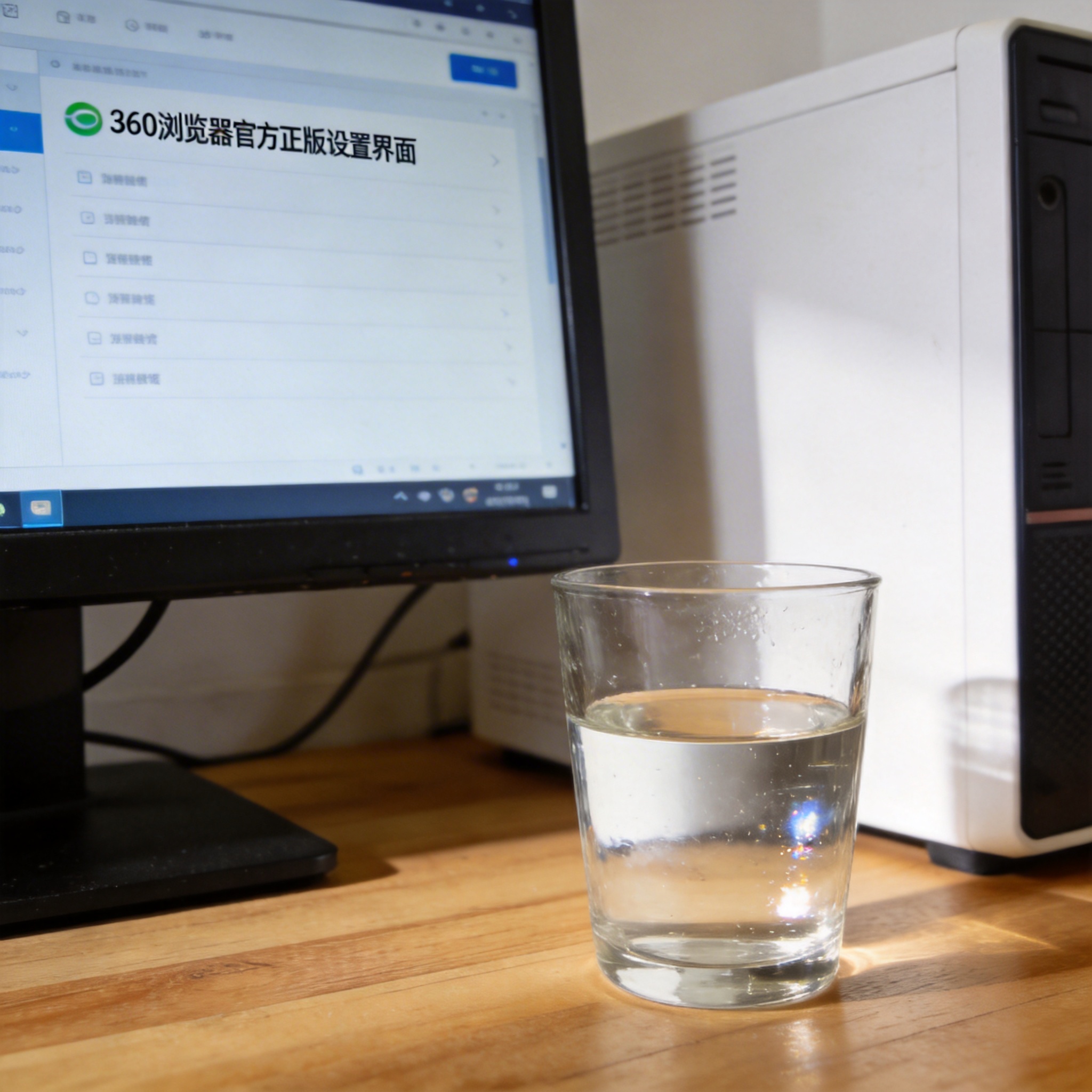 书桌上的主机，屏幕显示360 浏览器官方正版设置界面，桌角放着水杯，自然光