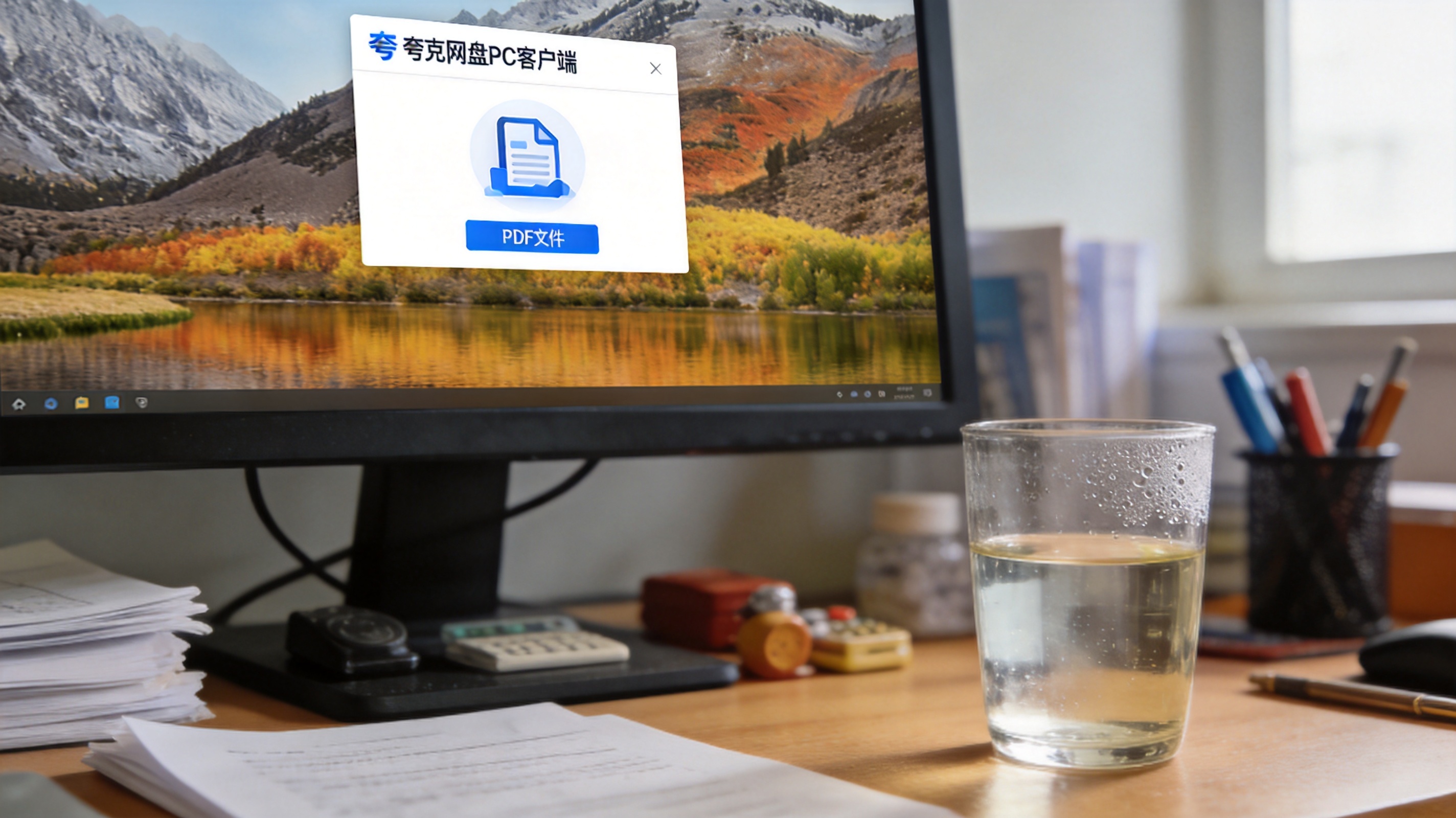 办公桌面的电脑，屏幕显示夸克网盘PC客户端界面，页面里有上传完成的PDF文件，桌面放着半杯温水，室内自然光