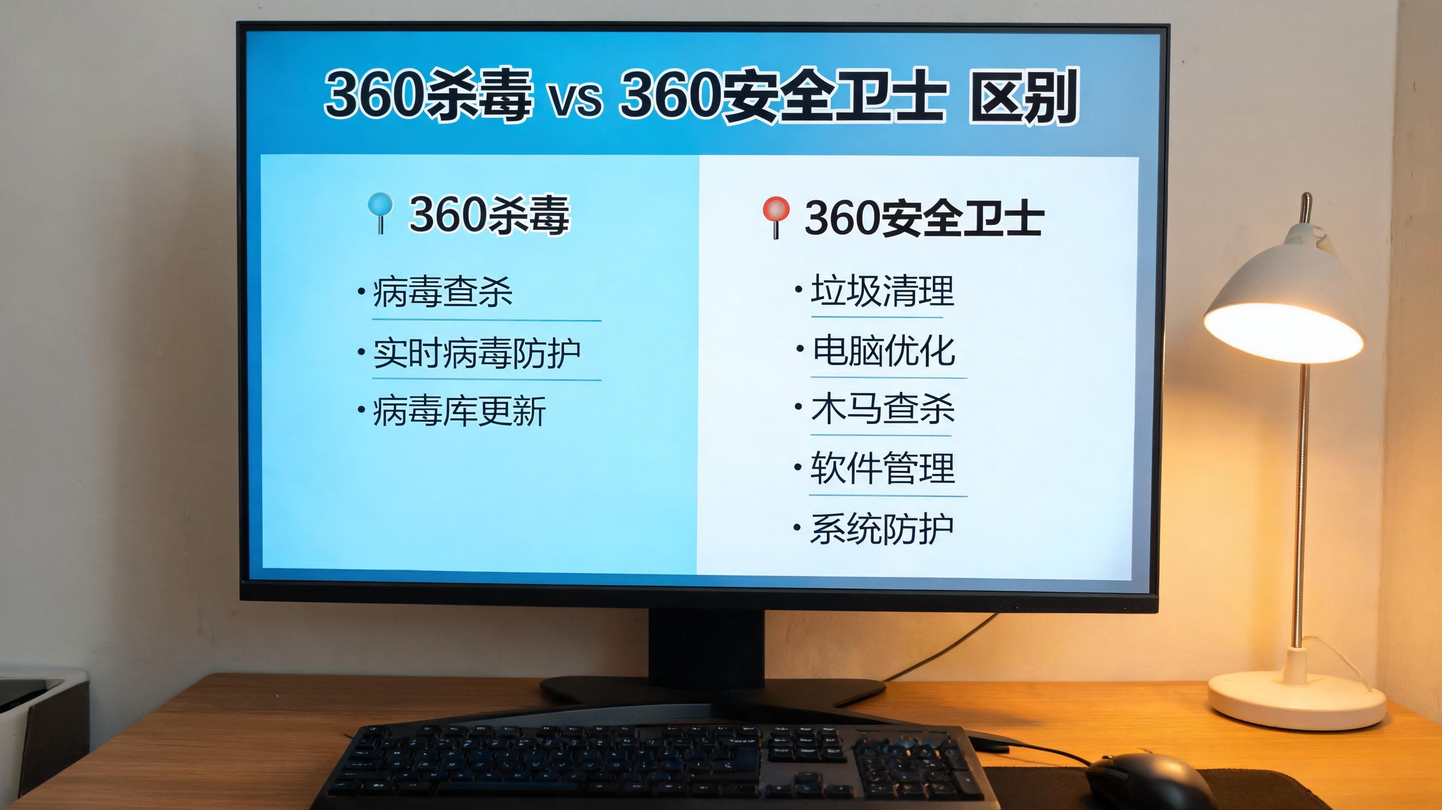 电脑桌上的电脑，屏幕显示360 杀毒和 360 安全卫士区别界面，旁边放着台灯