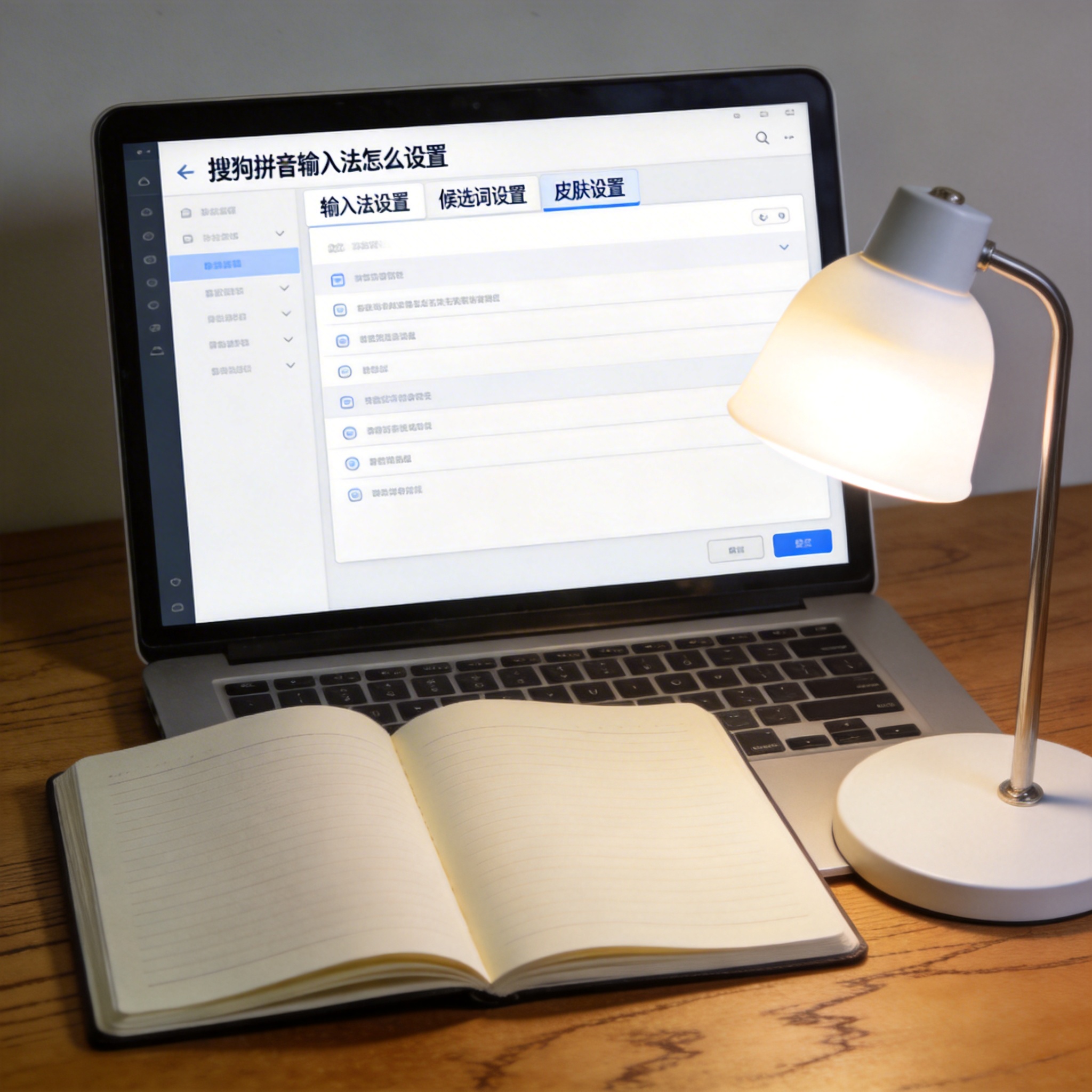 电脑桌上的笔记本，屏幕显示搜狗拼音输入法怎么设置界面，旁边放着台灯