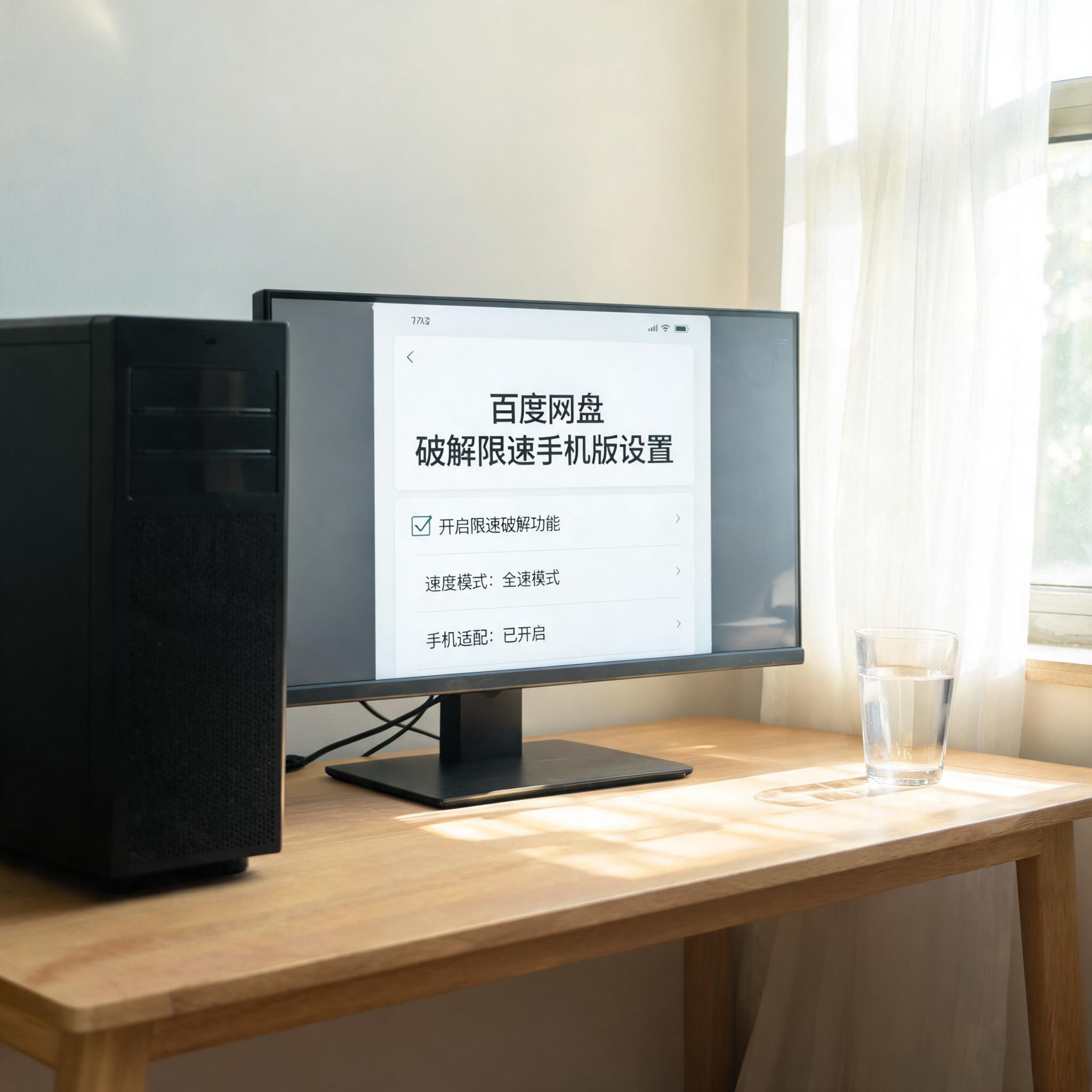 书桌上的主机，屏幕显示百度网盘破解限速手机版设置界面，桌角放着水杯，自然光