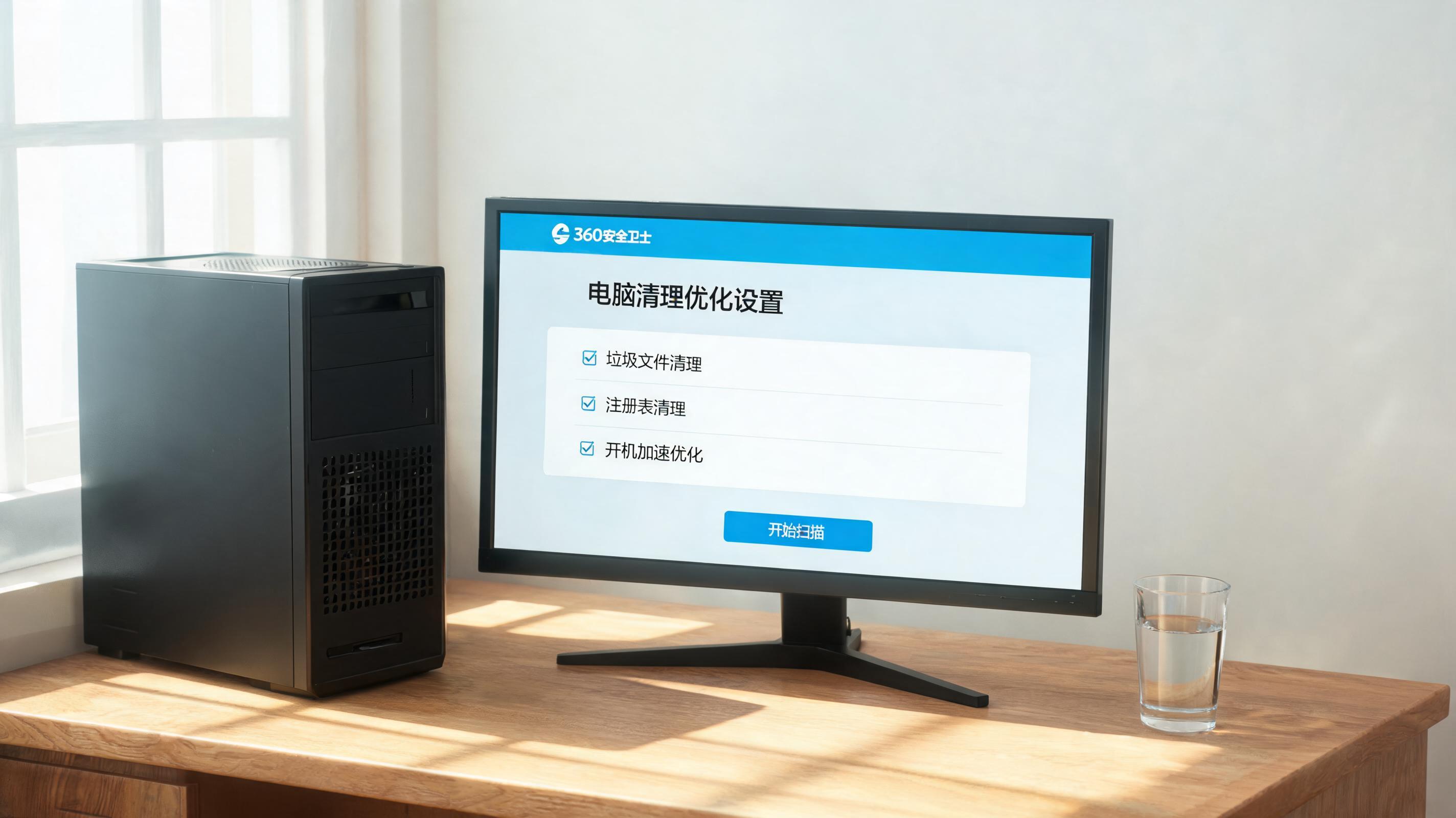 书桌上的主机，屏幕显示360 卫士电脑清理优化设置界面，桌角放着水杯，自然光