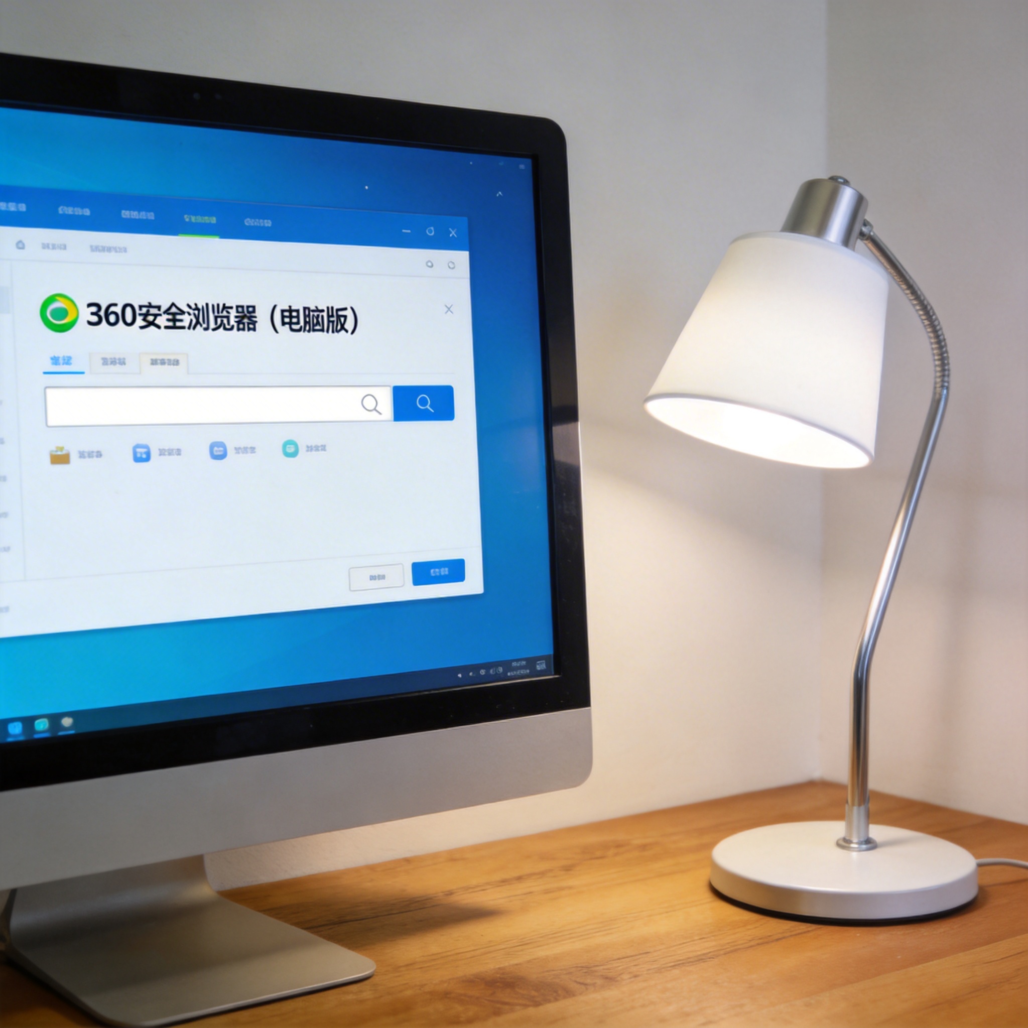 电脑桌上的电脑，屏幕显示电脑版 360 安全浏览器界面，旁边放着台灯