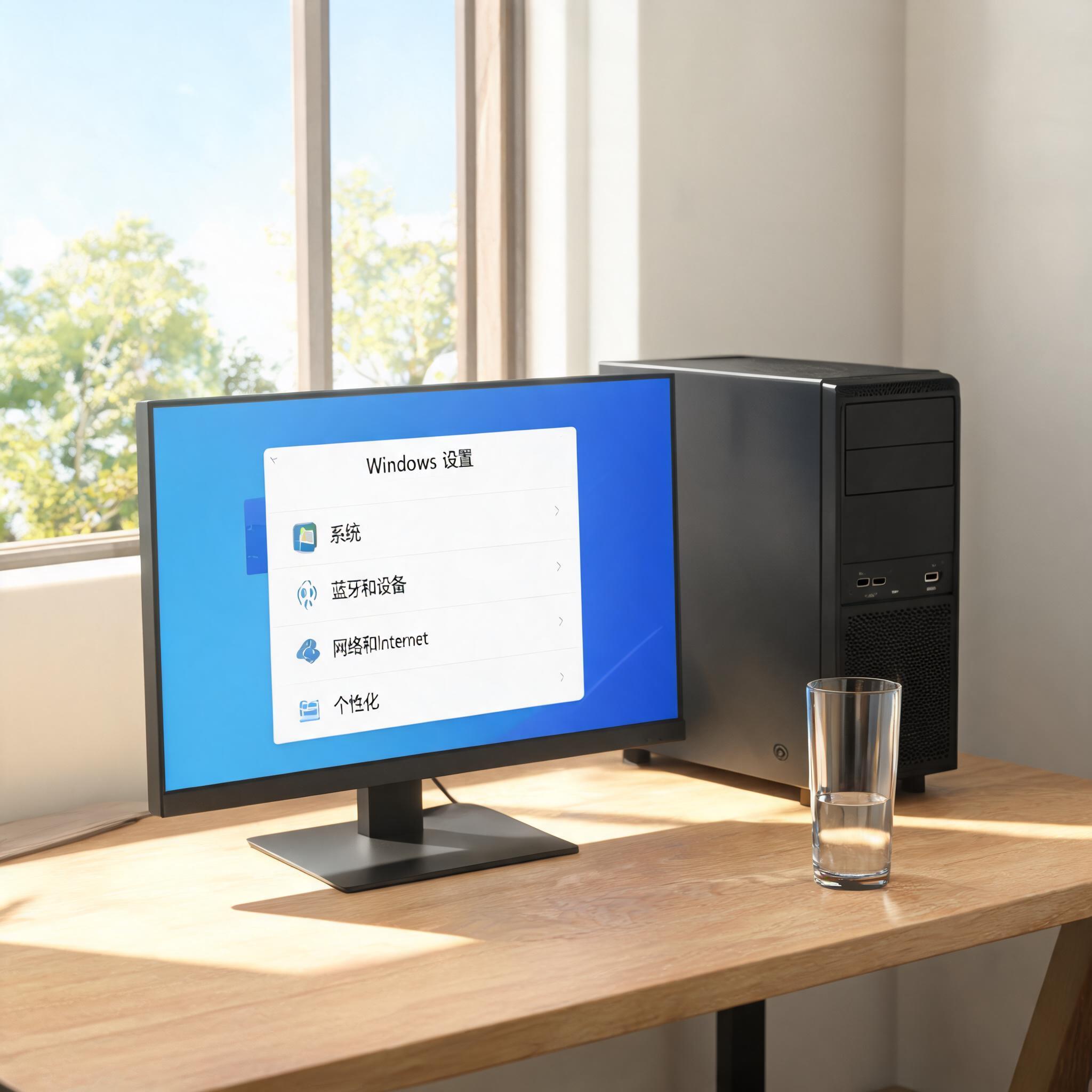 书桌上的主机，屏幕显示Windows设置界面，桌角放着水杯，自然光