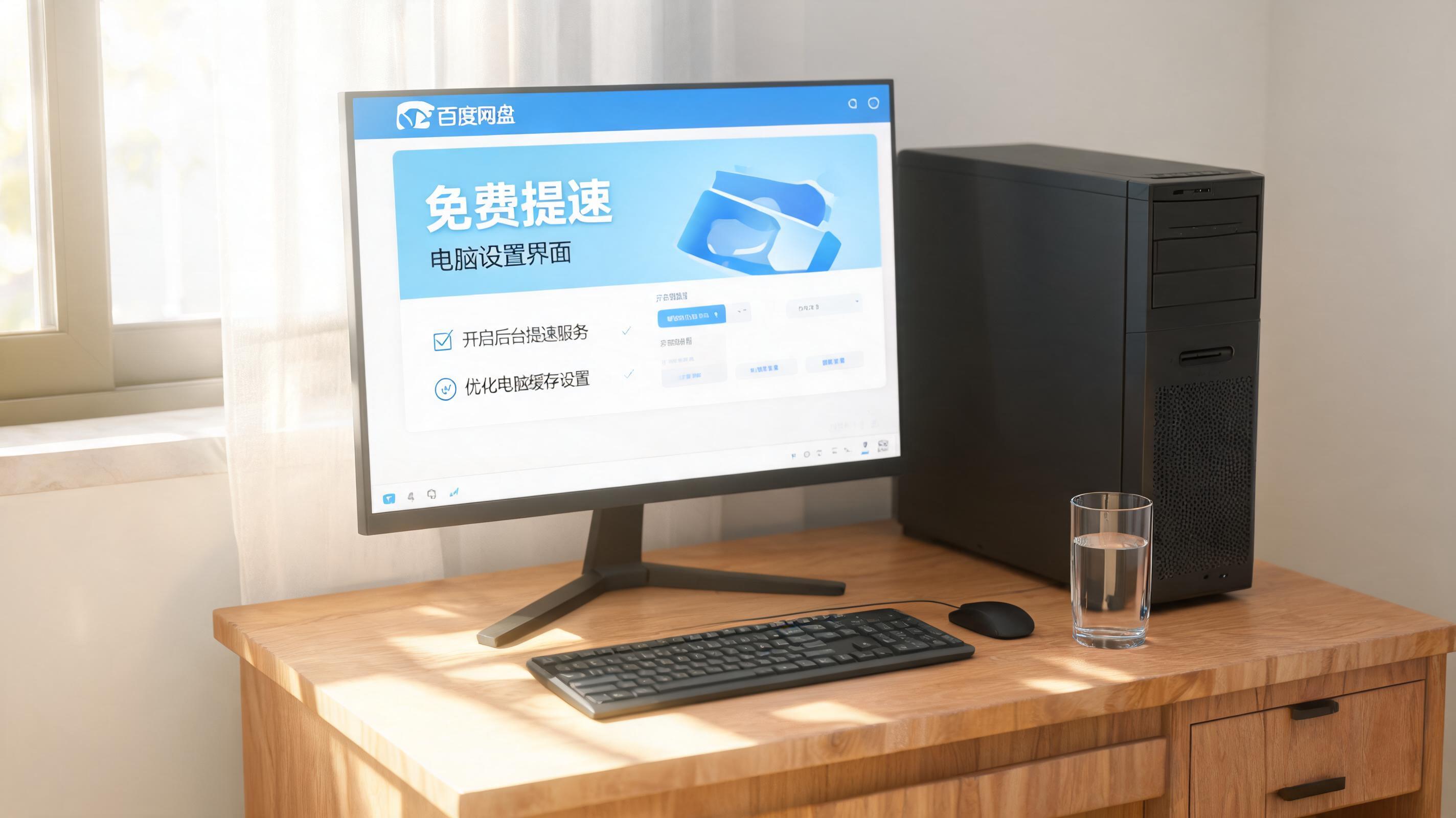 书桌上的主机，屏幕显示百度网盘免费提速电脑设置界面，桌角放着水杯，自然光