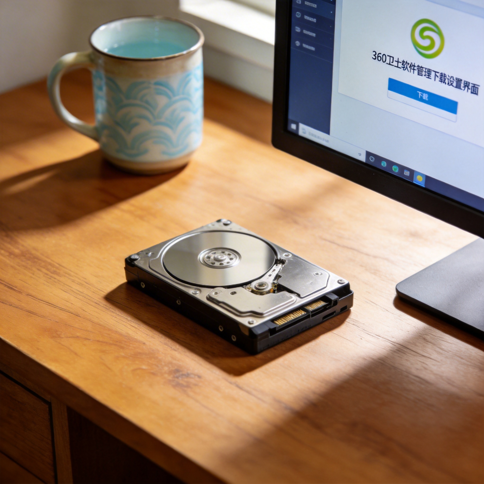 书桌上的硬盘，屏幕显示360 卫士软件管理下载设置界面，桌角放着水杯，自然光