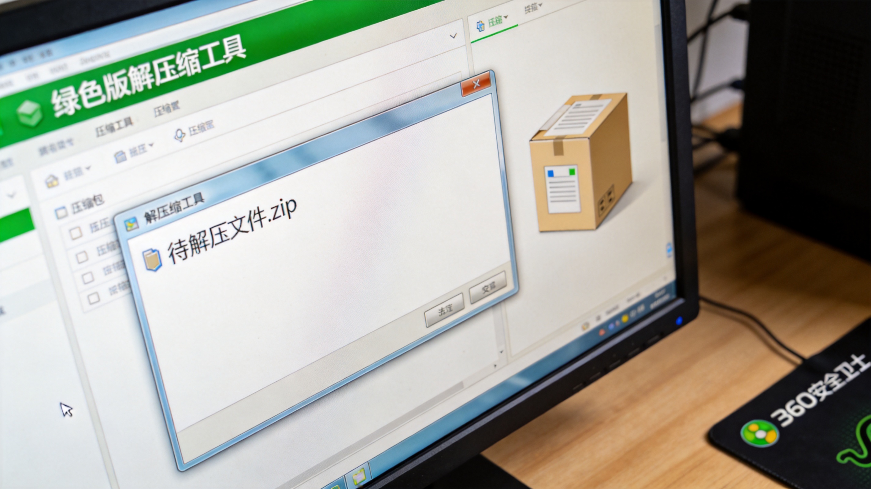 电脑桌面显示绿色版解压缩工具界面，旁边放着待解压的压缩包文件，桌面右下角有杀毒软件图标，室内自然光