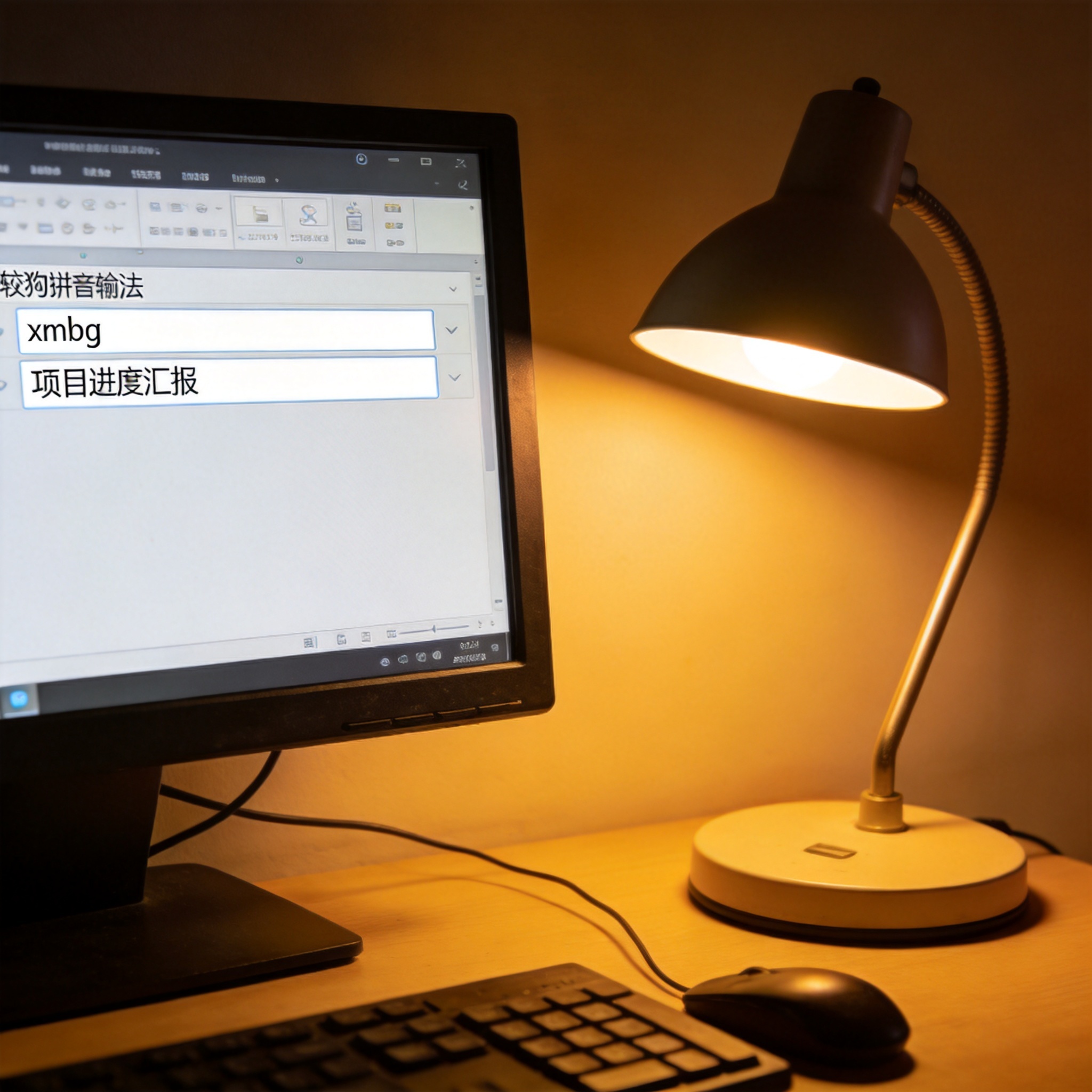 电脑屏幕显示搜狗拼音输入法自定义短语设置界面，输入框里有“xmbg”和“项目进度汇报”，旁边摆着普通台灯，暖光