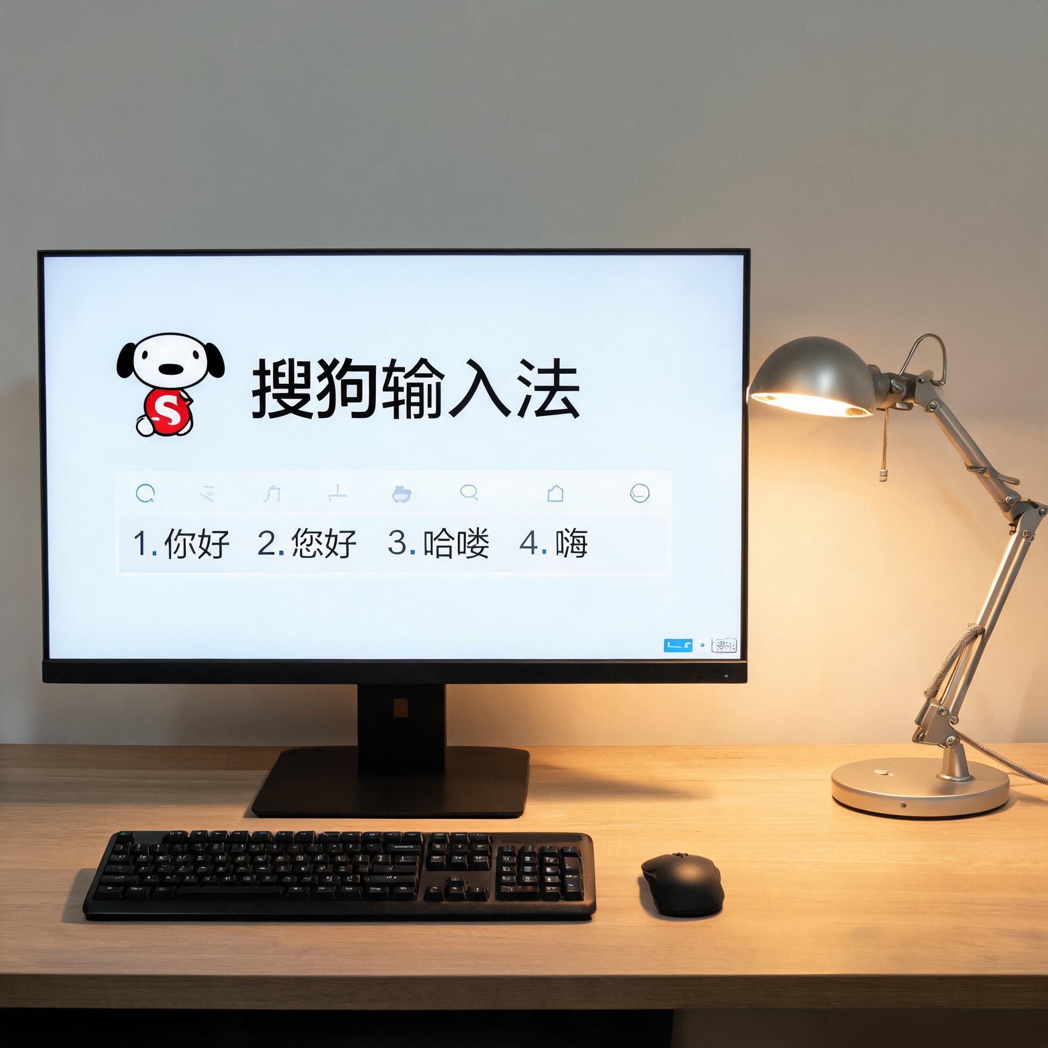 电脑桌上的屏幕，屏幕显示搜狗输入法屏幕，旁边放着台灯