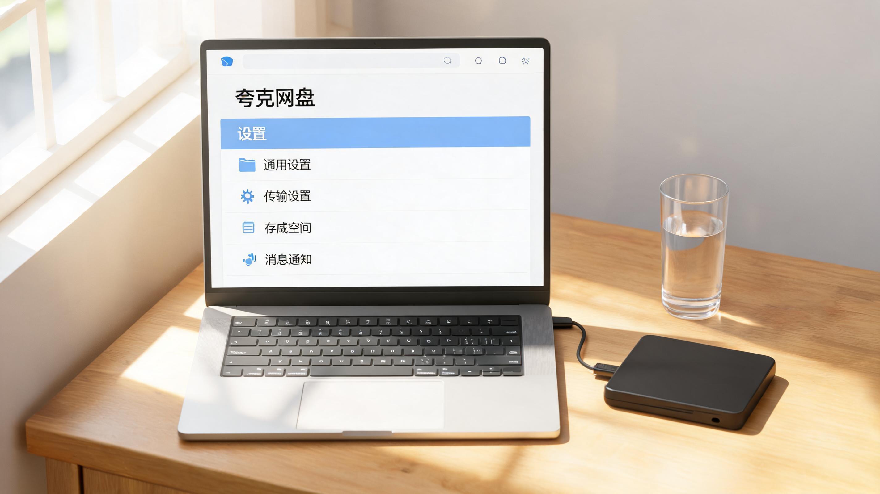 书桌上的硬盘，屏幕显示夸克网盘设置界面，桌角放着水杯，自然光