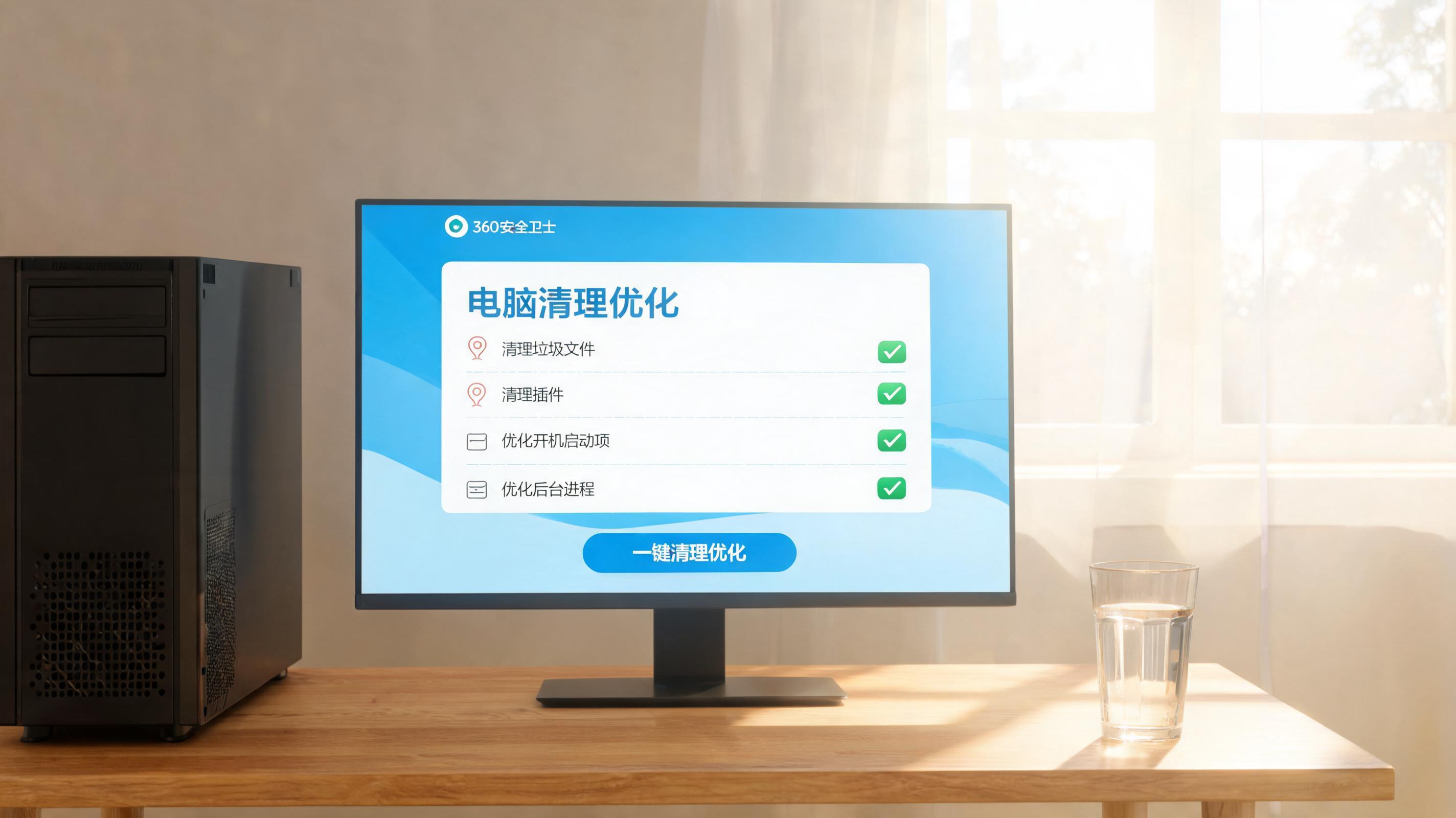 书桌上的主机，屏幕显示360 卫士电脑清理优化设置界面，桌角放着水杯，自然光