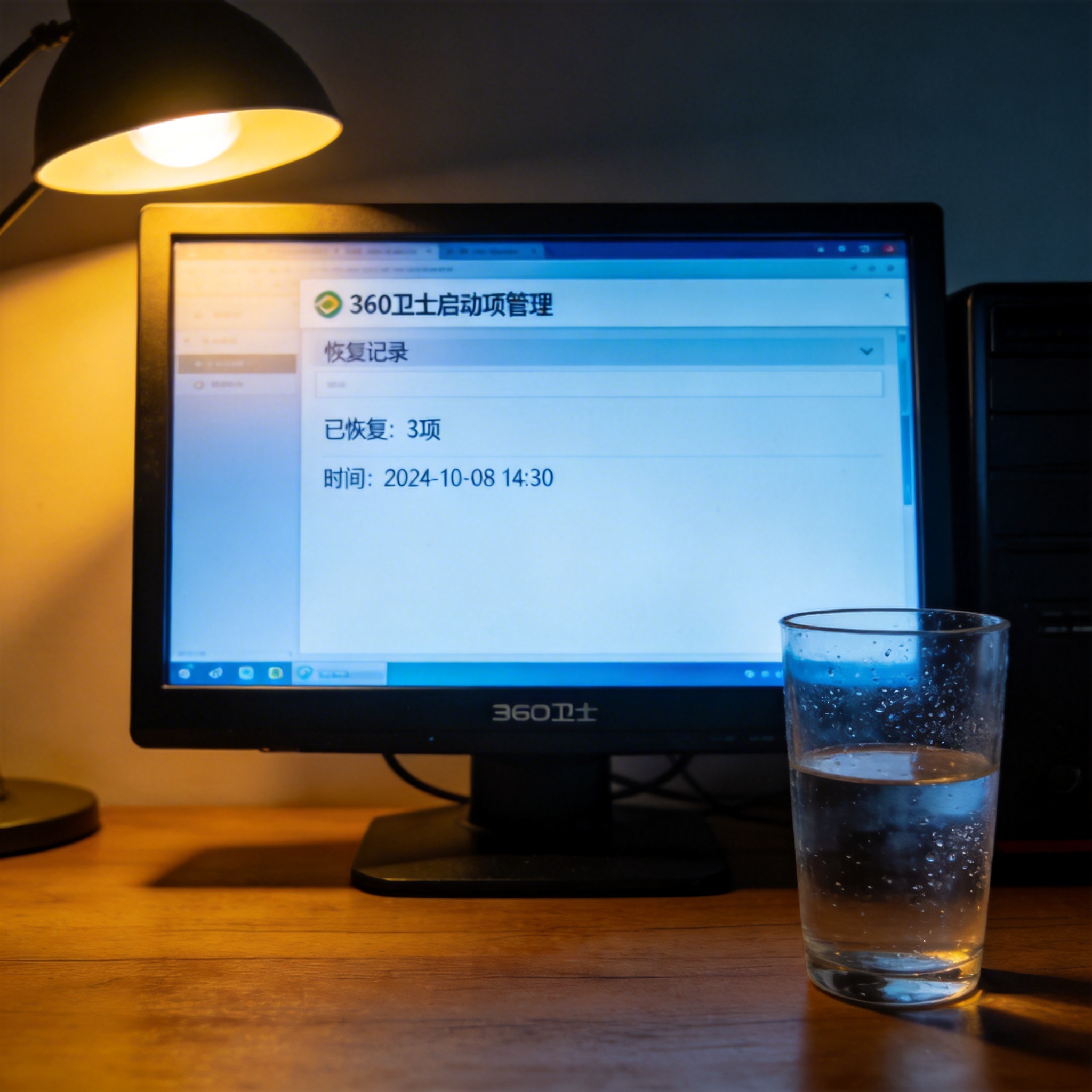 电脑桌前的台式机，屏幕显示360卫士启动项管理的恢复记录页面，旁边放着半杯凉白开，屏幕光和台灯暖光混合