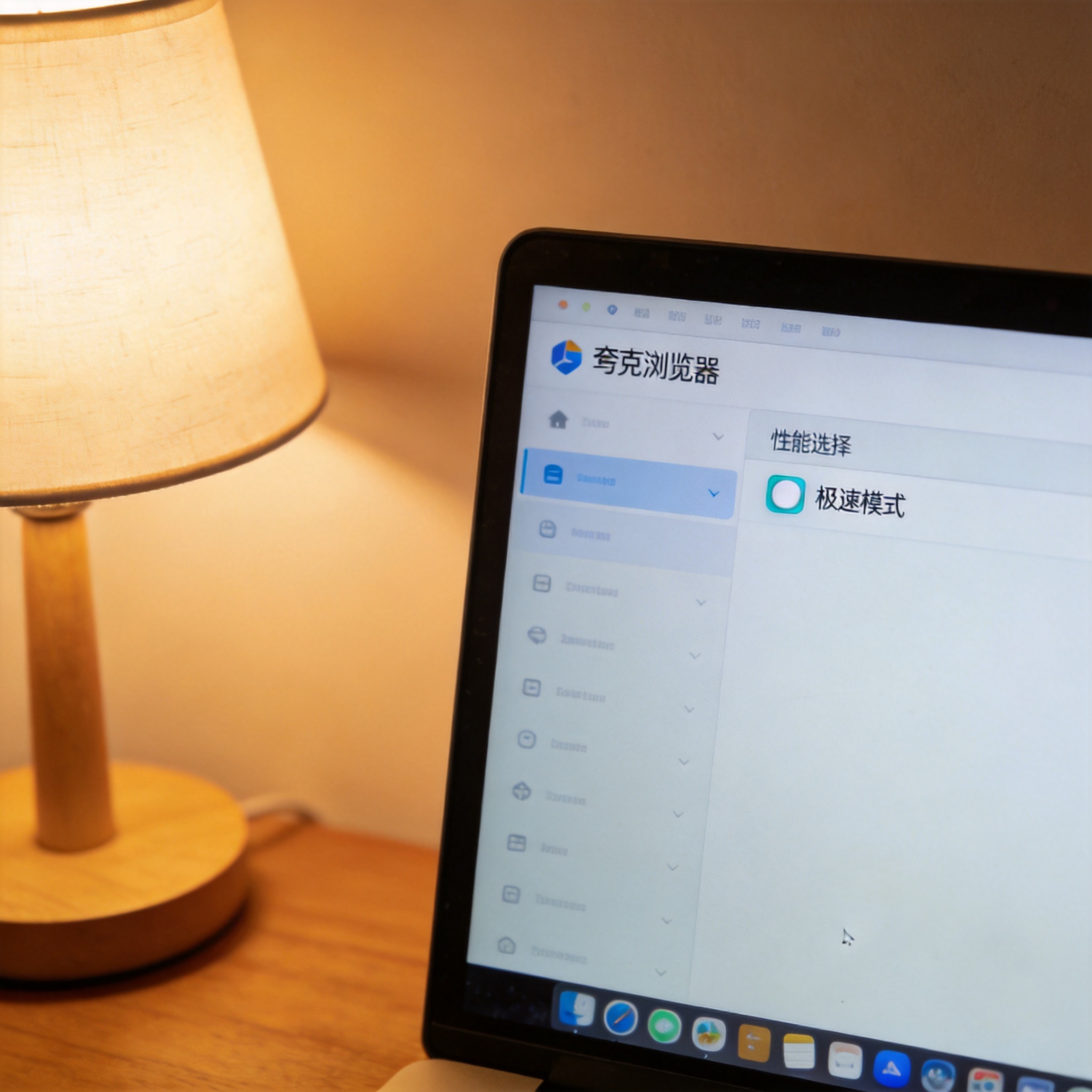 电脑屏幕显示夸克浏览器设置页面，性能选项里的“极速模式”已开启，桌面角落有台灯，暖光照明