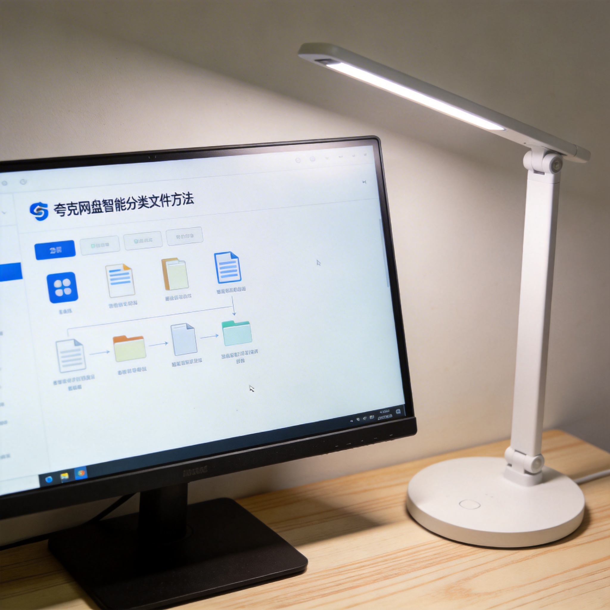 电脑桌上的电脑，屏幕显示夸克网盘智能分类文件方法界面，旁边放着台灯