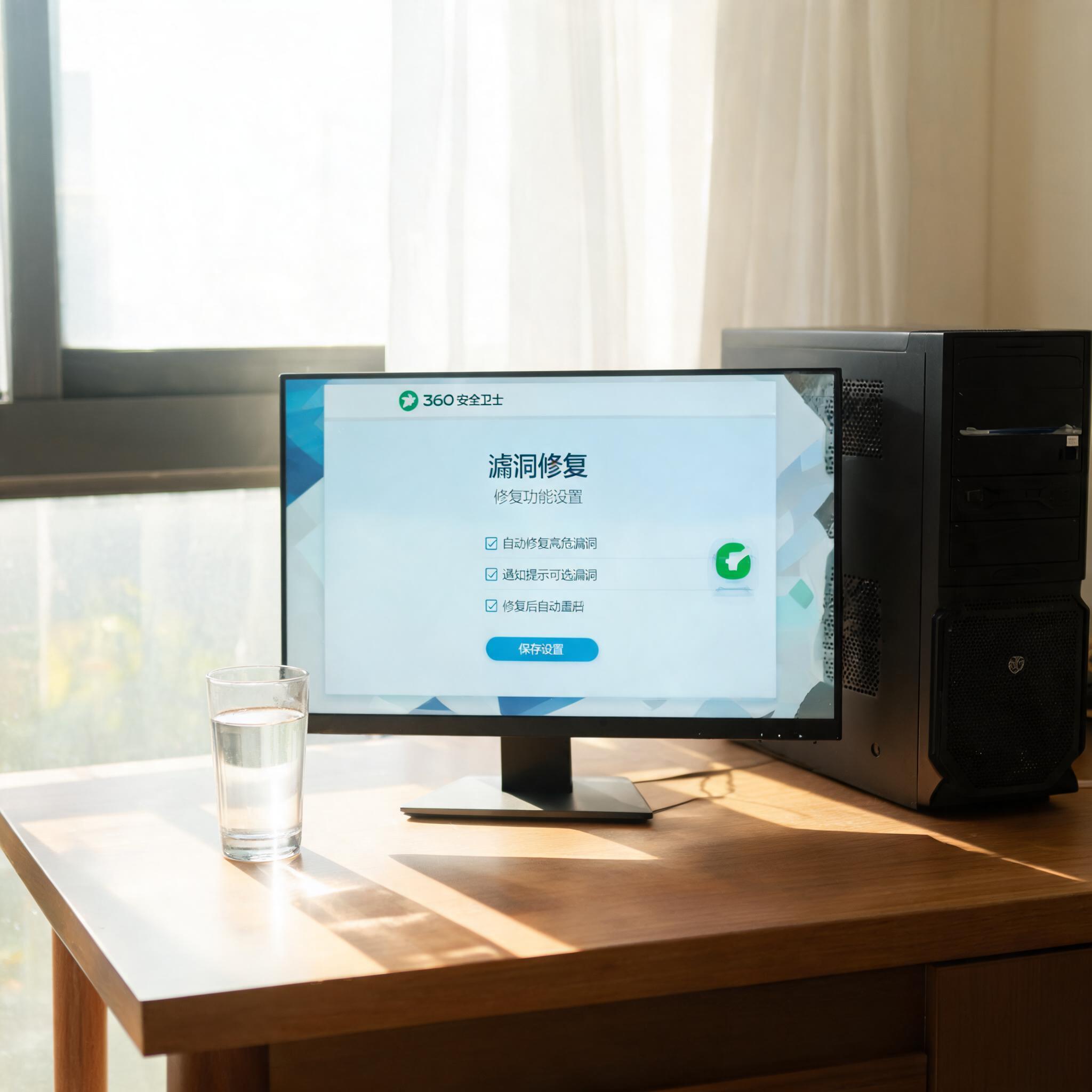 书桌上的主机，屏幕显示360 卫士漏洞修复功能设置界面，桌角放着水杯，自然光