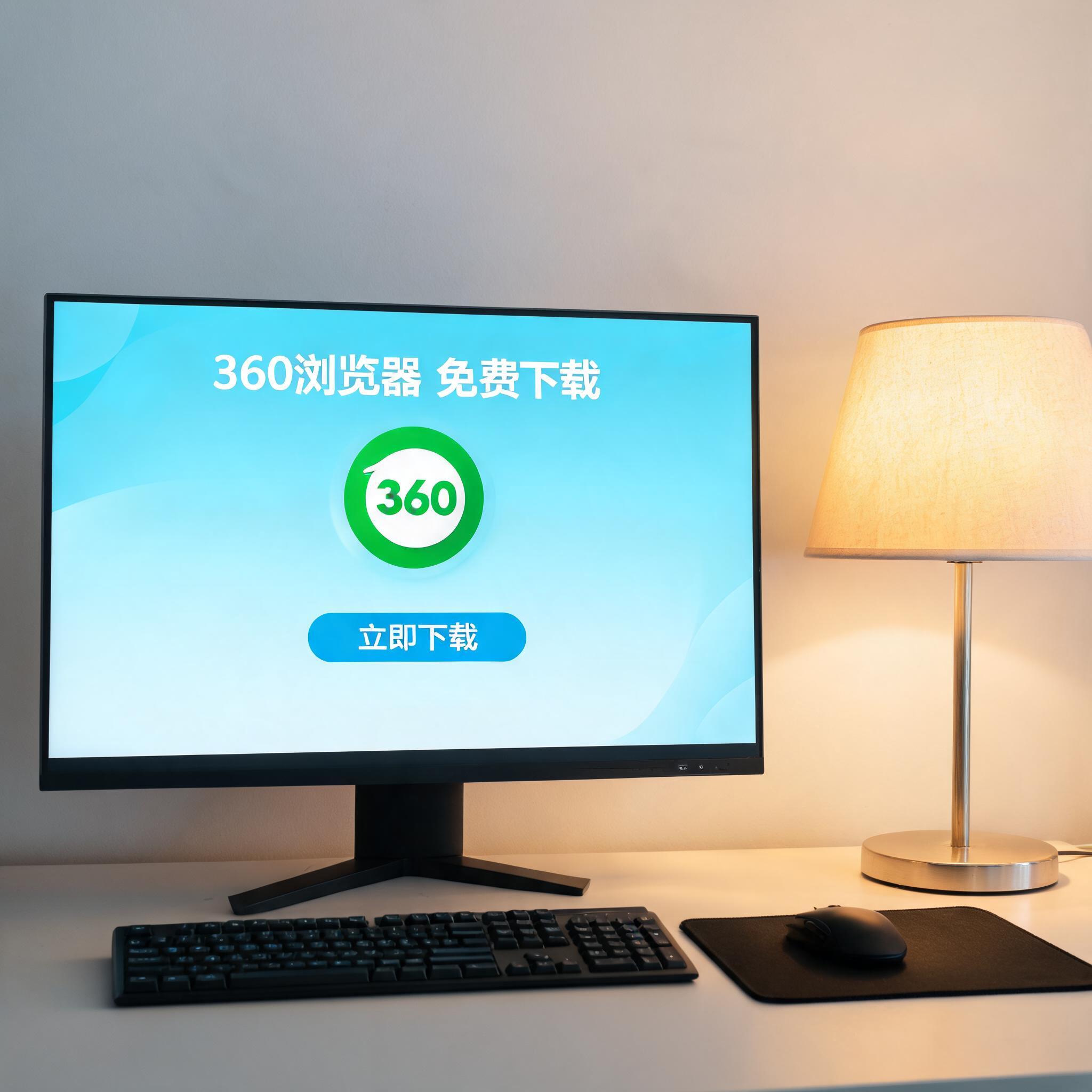 电脑桌上的电脑，屏幕显示360 浏览器免费下载桌面，旁边放着台灯