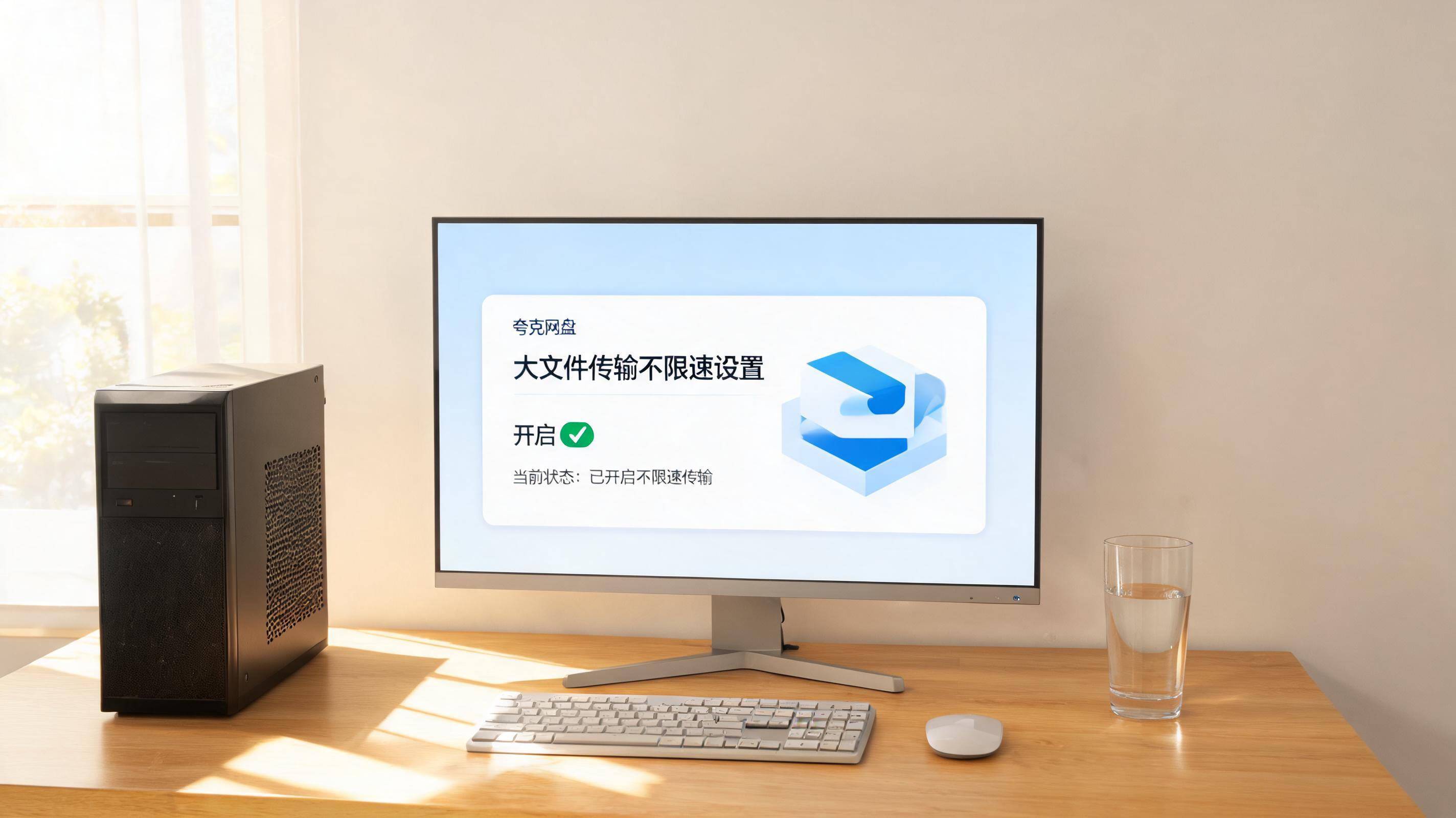 书桌上的主机，屏幕显示夸克网盘大文件传输不限速设置界面，桌角放着水杯，自然光