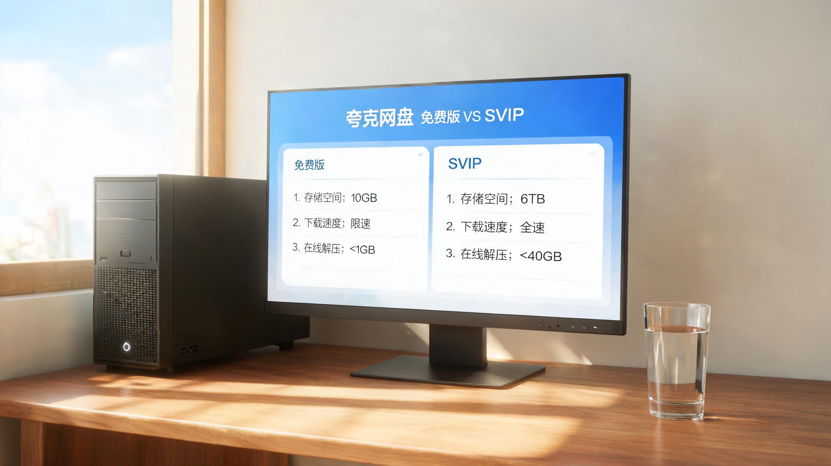 书桌上的主机，屏幕显示夸克网盘免费版和 SVIP 区别设置界面，桌角放着水杯，自然光