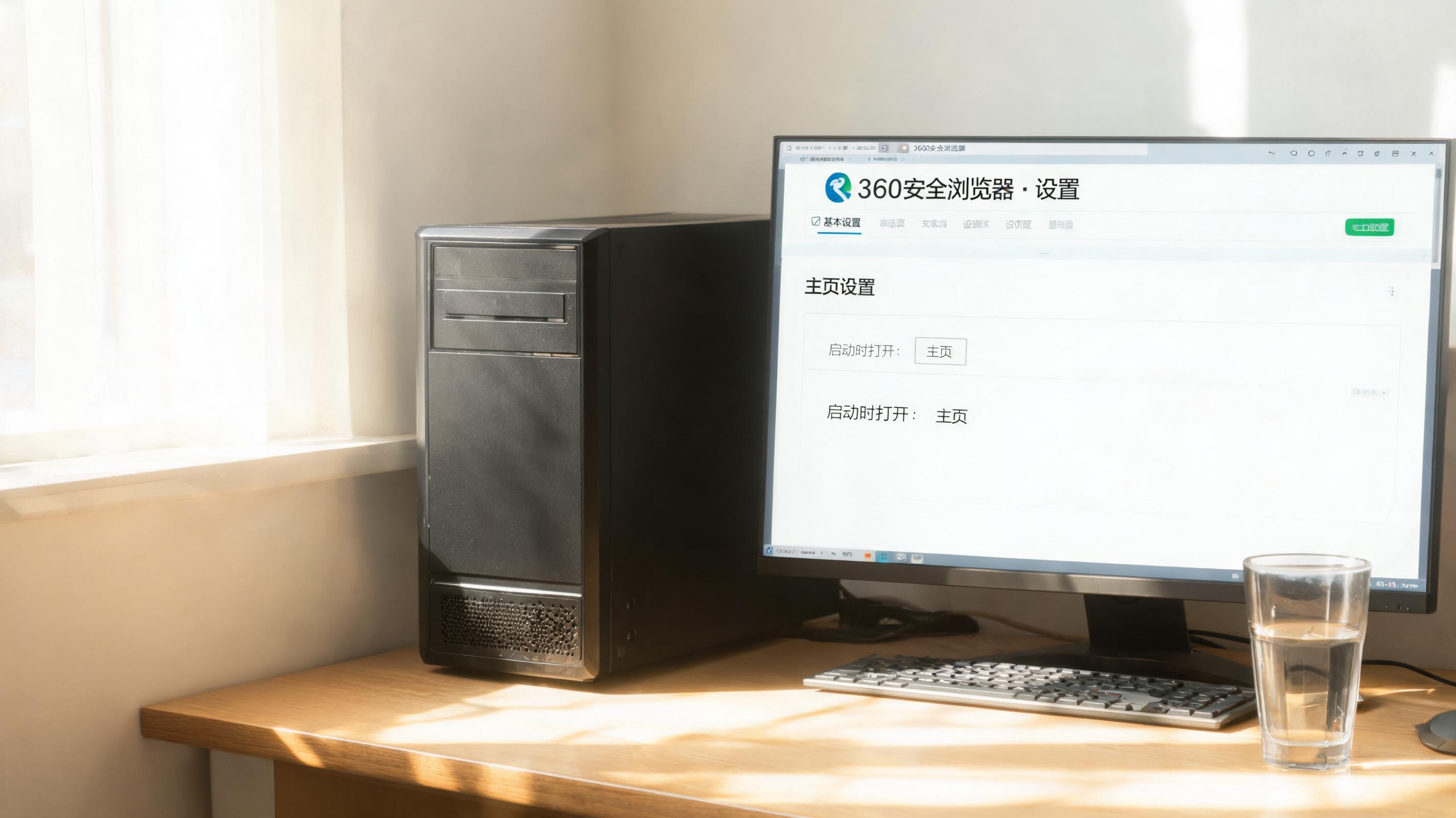 书桌上的主机，屏幕显示电脑版 360 安全浏览器设置界面，桌角放着水杯，自然光