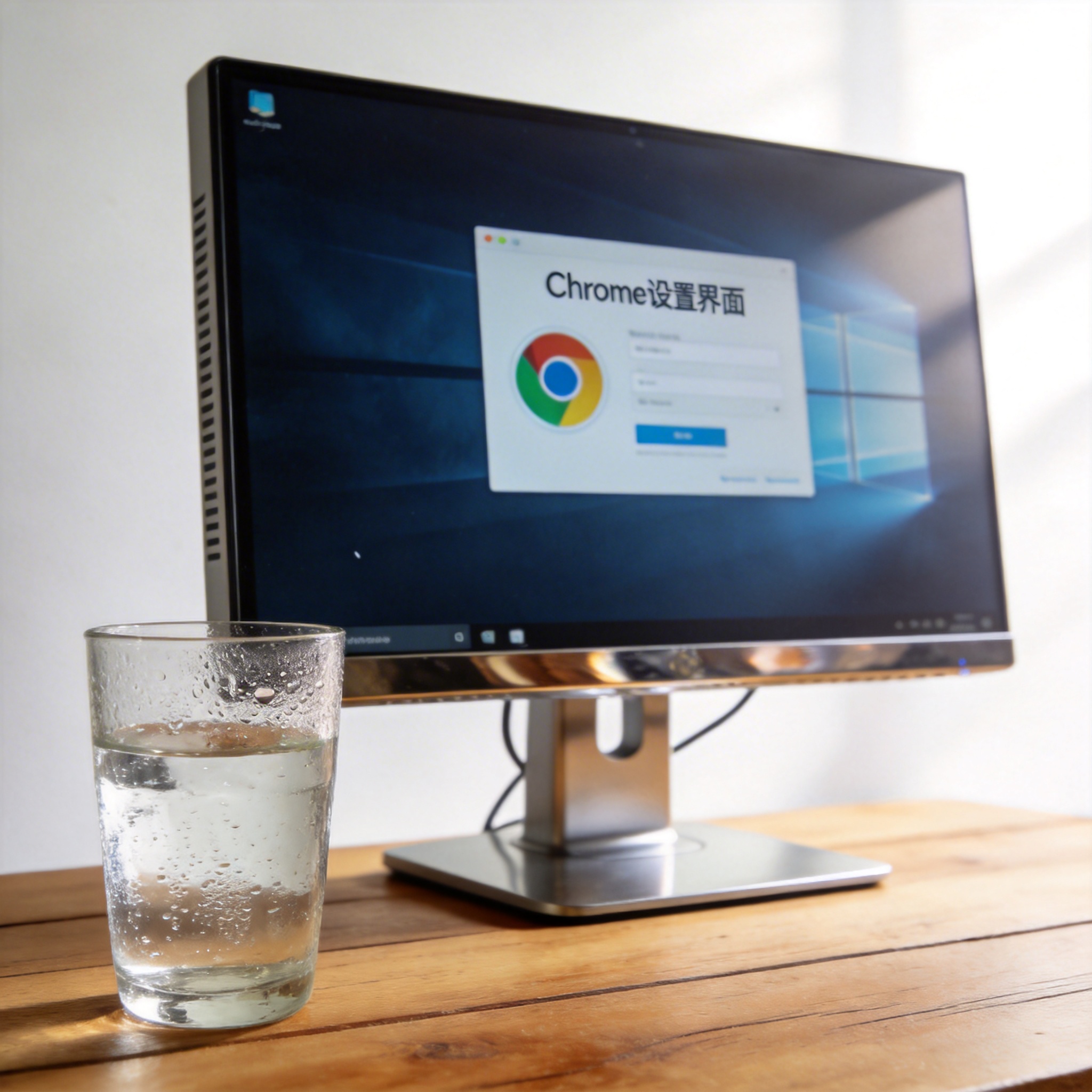书桌上的主机，屏幕显示Chrome设置界面，桌角放着水杯，自然光