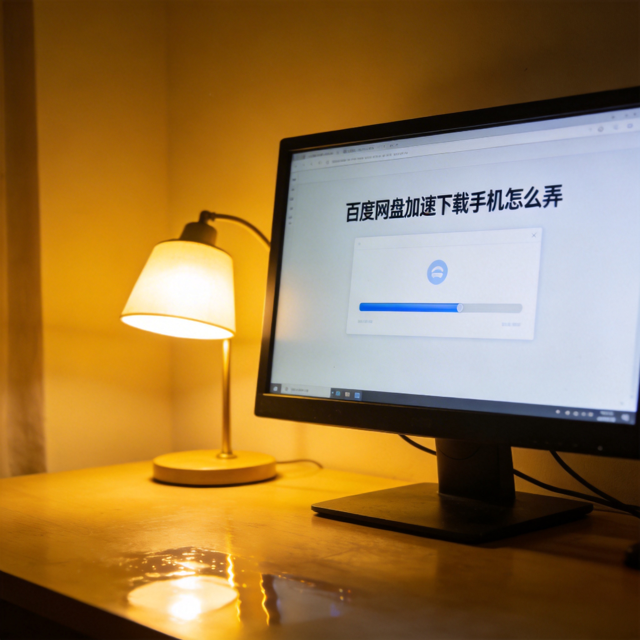 电脑桌上的电脑，屏幕显示百度网盘加速下载手机怎么弄进度条，旁边放着台灯