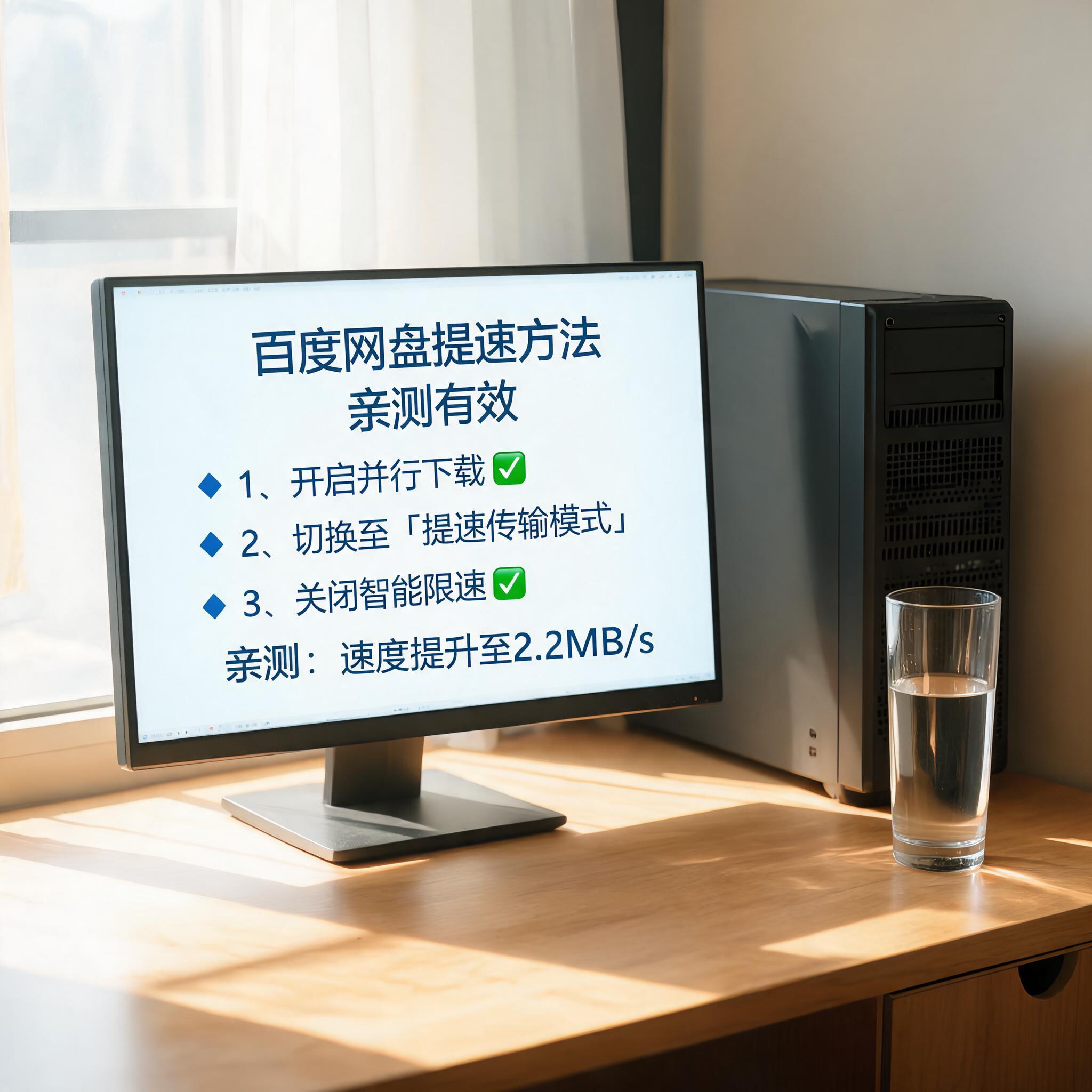 书桌上的主机，屏幕显示百度网盘提速方法亲测有效设置界面，桌角放着水杯，自然光