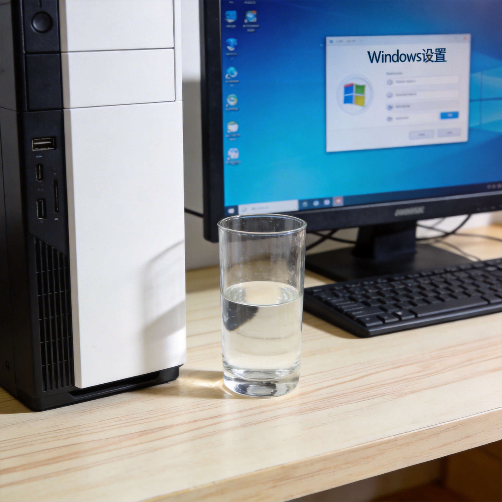 书桌上的主机，屏幕显示Windows设置界面，桌角放着水杯，自然光