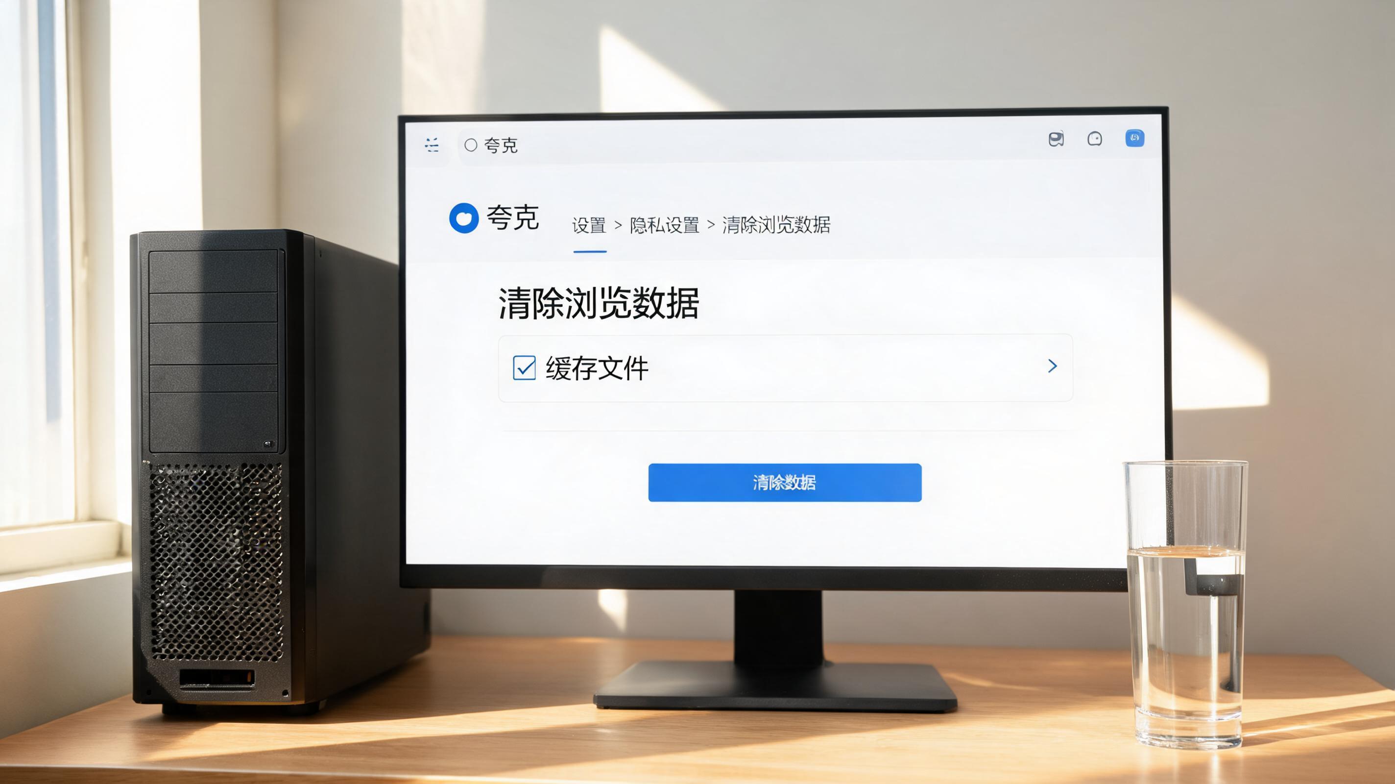 书桌上的主机，屏幕显示夸克浏览器怎么清除缓存数据设置界面，桌角放着水杯，自然光