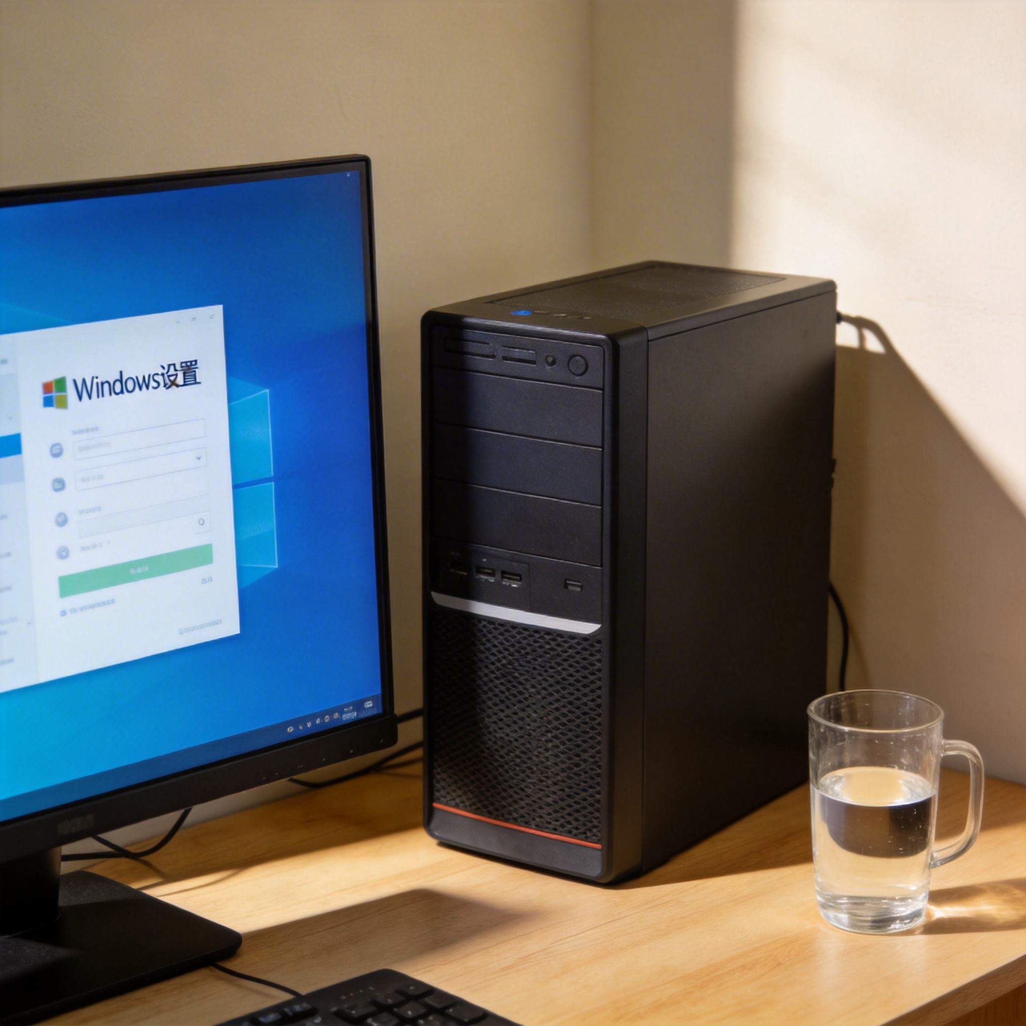书桌上的主机，屏幕显示Windows设置界面，桌角放着水杯，自然光