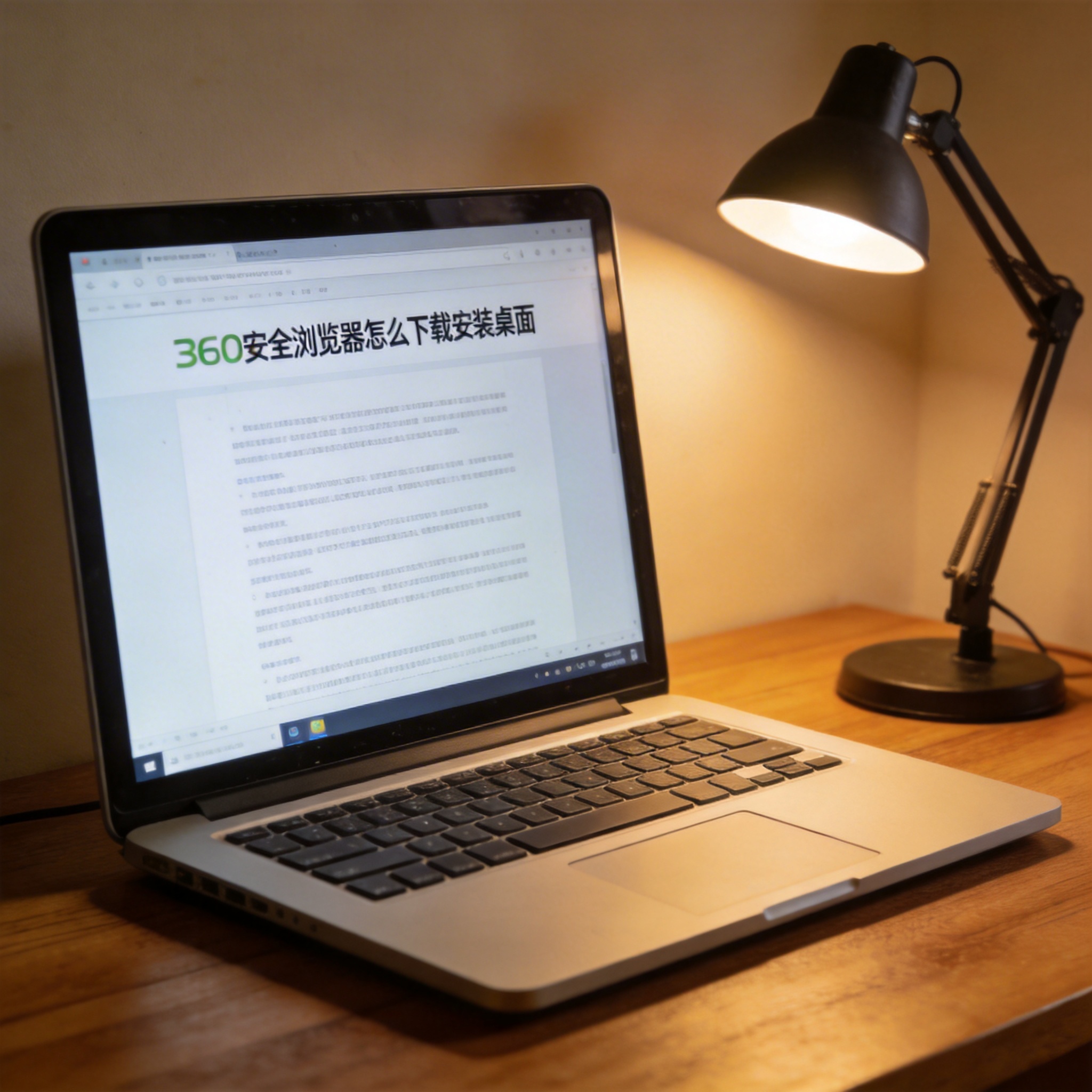 电脑桌上的电脑，屏幕显示360 安全浏览器怎么下载安装桌面，旁边放着台灯