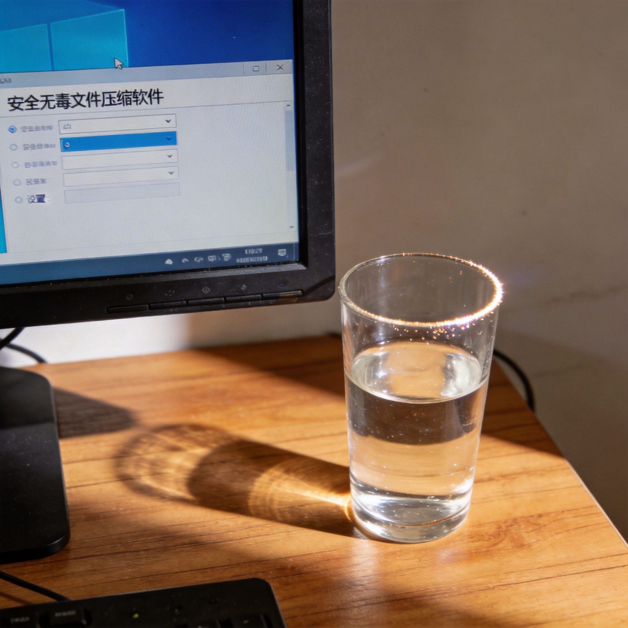 书桌上的主机，屏幕显示安全无毒文件压缩软件设置界面，桌角放着水杯，自然光