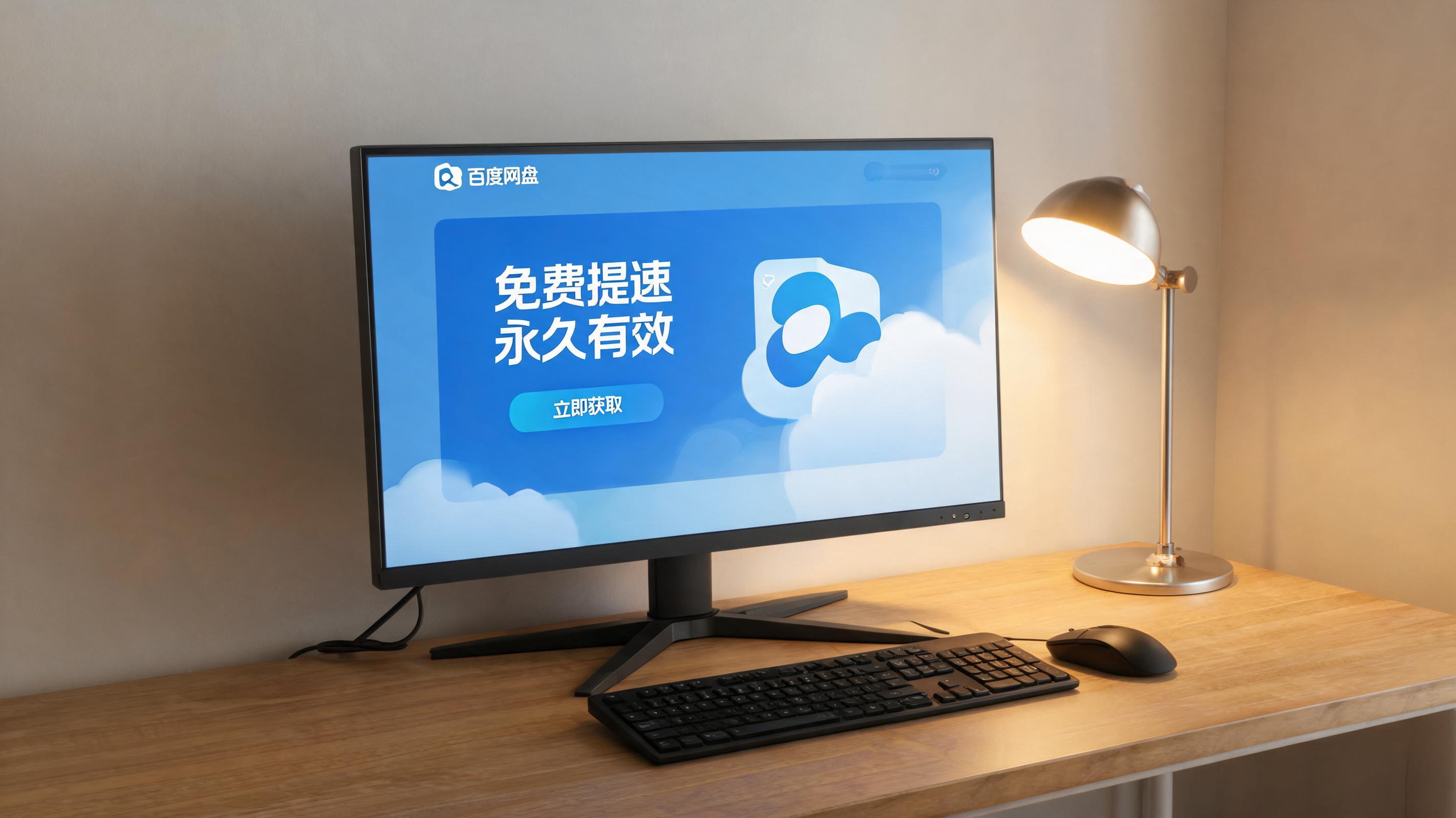 电脑桌上的电脑，屏幕显示百度网盘免费提速永久有效界面，旁边放着台灯