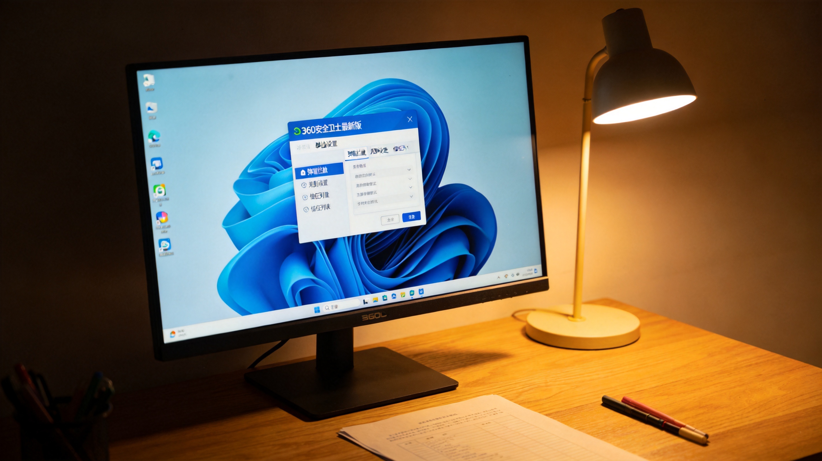 书桌的Windows11系统电脑，屏幕显示360安全卫士最新版的弹窗拦截设置界面，旁边立着台灯，暖光照射桌面